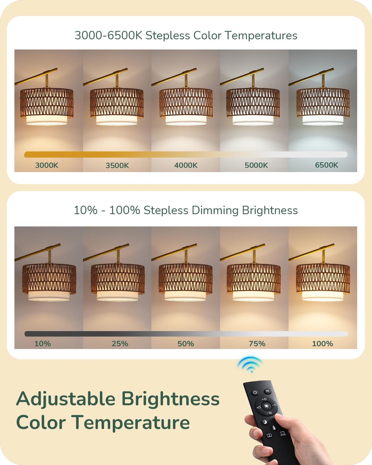 EDISHINE 64" Arc Floor Lamp with Remote, Gold Farmhouse Standing Lamps for Living Room, Rattan & Fabric Dual Shades, Dimmable LED Bulb, Foot Switch, Adjustable Head Boho Lamp for Bedroom, Nursery