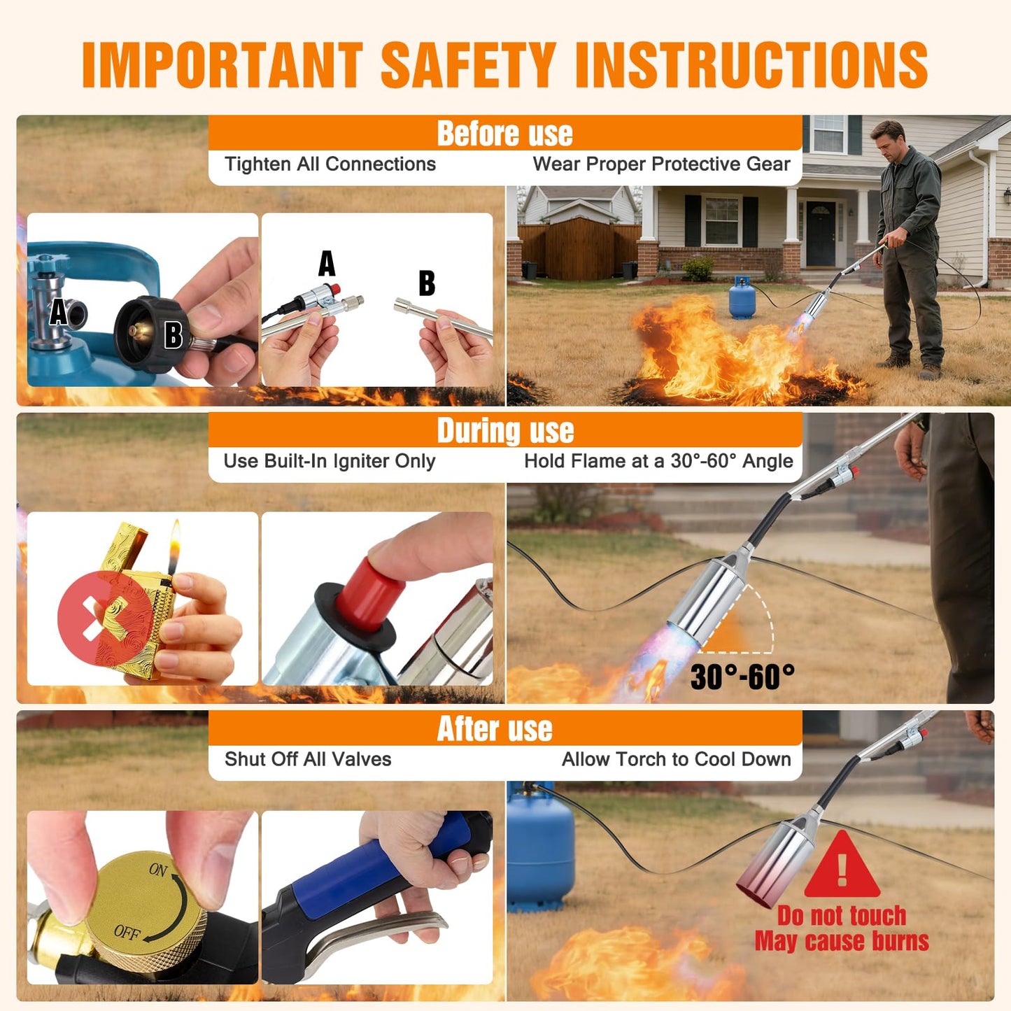 Propane Weed Control Torch Kit with 12.5 ft Hose, Outdoor Heat Tool with Push Ignition & Adjustable Output, Long or Short Setup for Yard, Snow Clearing, Driveway & Garden Work