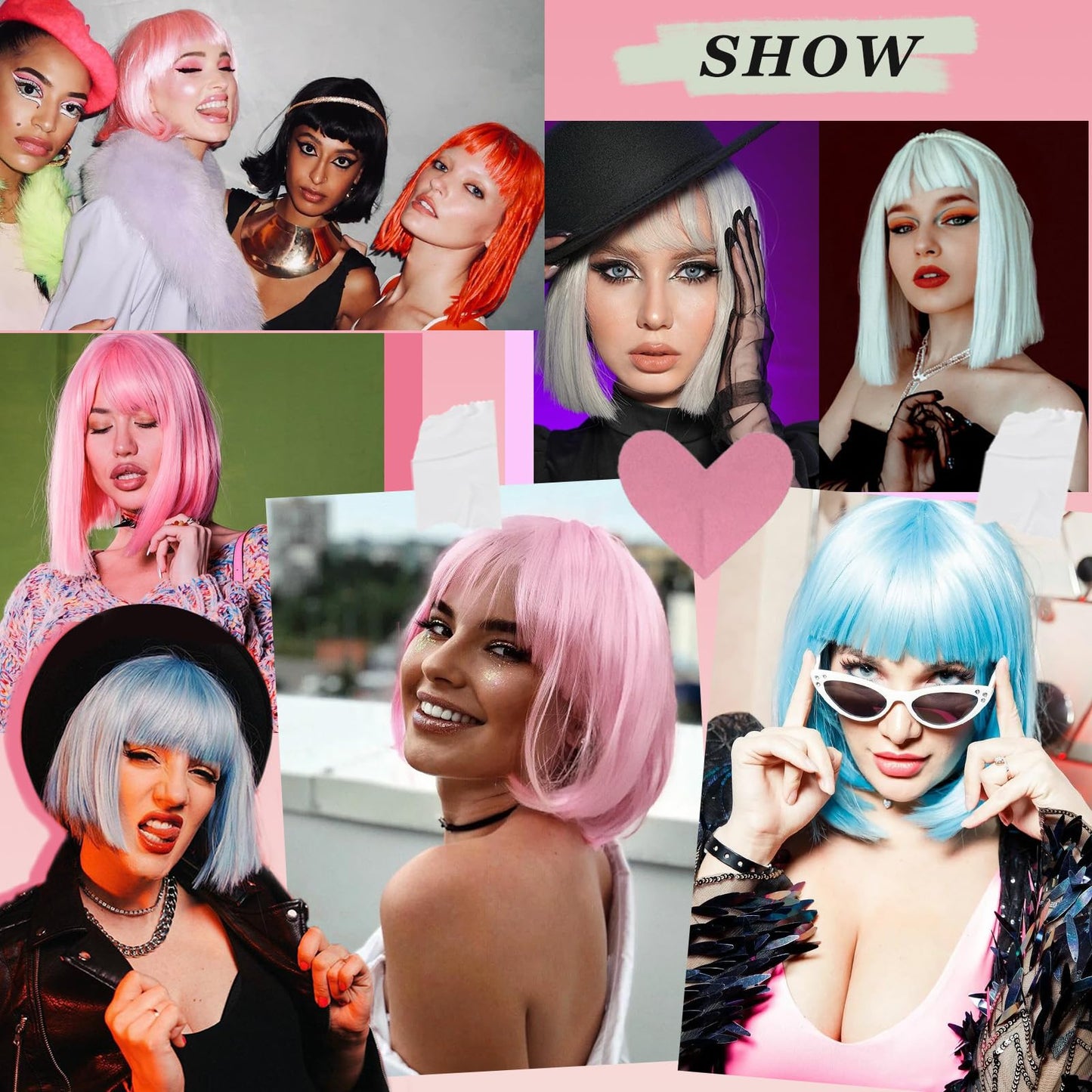 SUKRI Bob Pink Wig with Short Bangs Pink Bob Wig for Women Straight Bob Bangs 12 Inch Heat Resistant Natural Synthetic Hair Daily Use