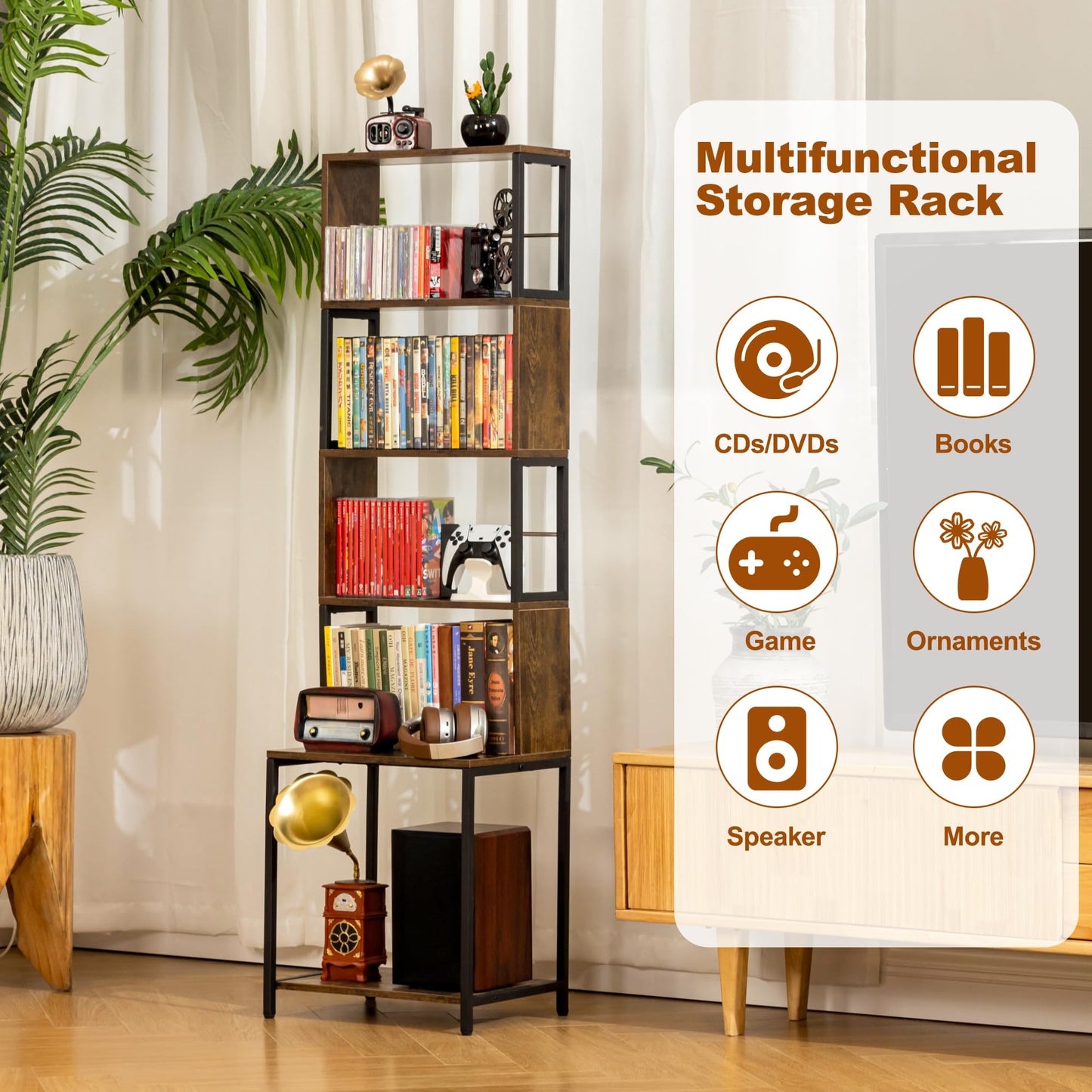 Aquzee CD Storage Rack, Wooden DVD Tower, CD Holder with Adjustable CDs Dividers, Media Storage Shelf for CDs/DVDs, Books, Video Games, Suitable for Living Room, Bedroom, Home Office