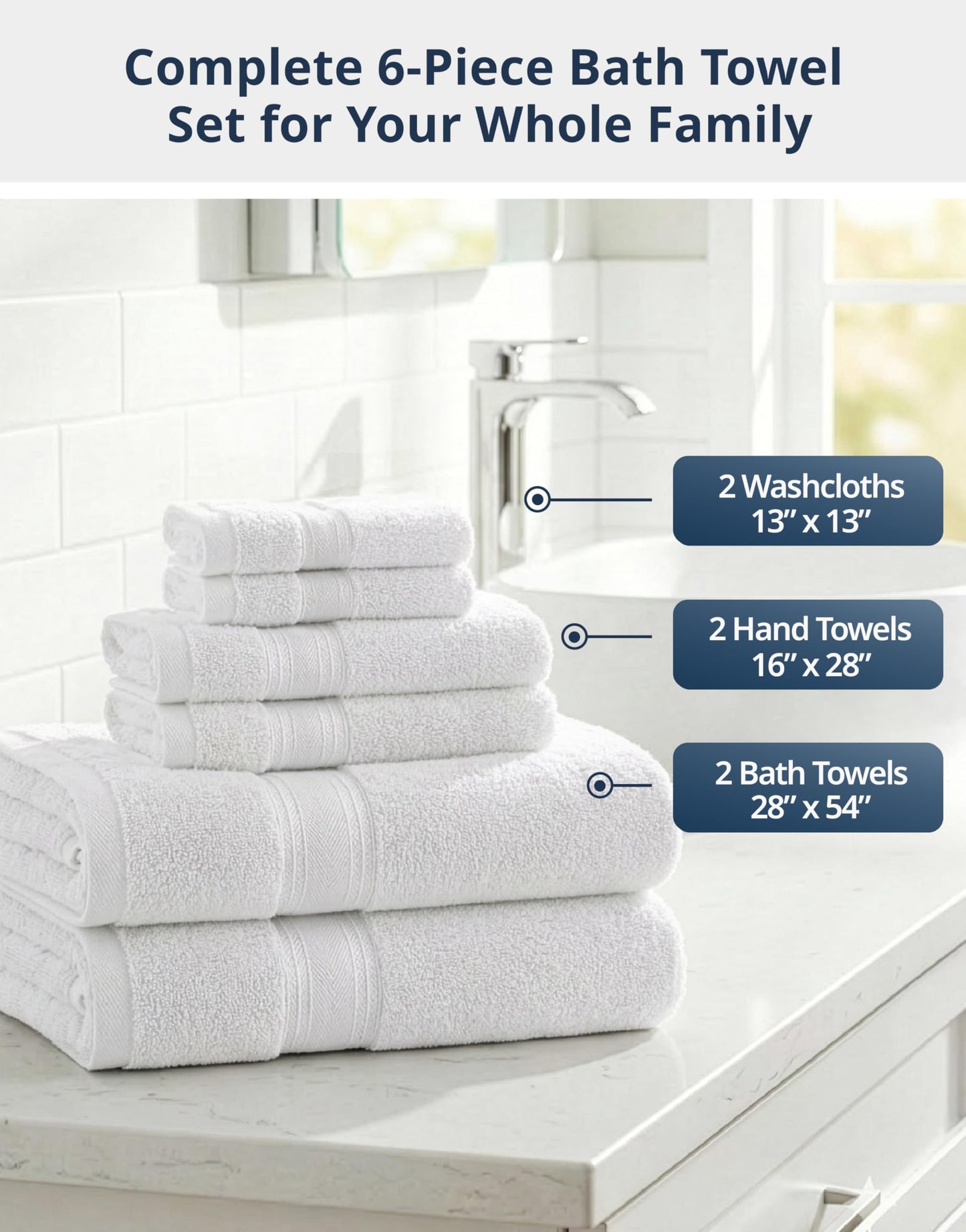 LANE LINEN Luxury Bath Towels Set - 6 Piece 100% CottonBathroom Zero Twist Shower Extra Absorbent Towel Super Soft 2 Hand Wash Cloths White