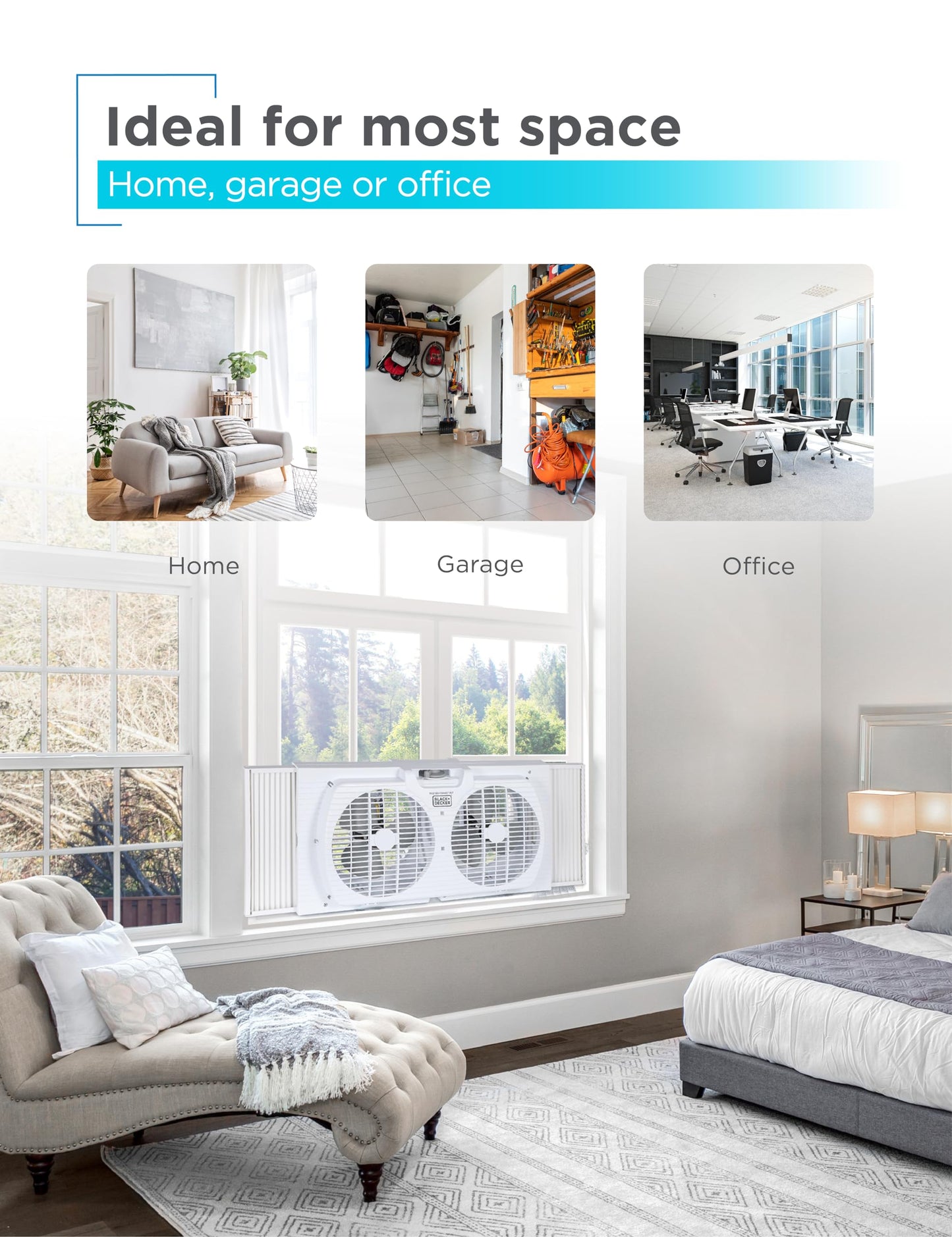 BLACK+DECKER 9" Dual Window Fan with 2 Speed Settings, Twin Fan Heads with Mechanical Dial Control, Removable Legs, For Sliding Windows up to 33” W with Accordion Expanders, BFW9M, White