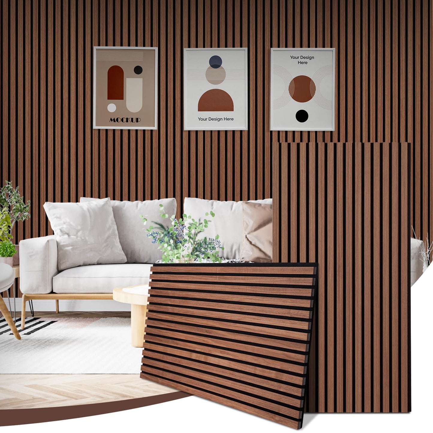 QUEENLINK Wood Slat Wall Panels, 2 Pack Acoustic Panels 46.5" × 23.8", 3D Fluted Sound Absorbing Wall Panel for Home & Office Decor, Noise Reducing Interior Wall Treatment (Walnut)