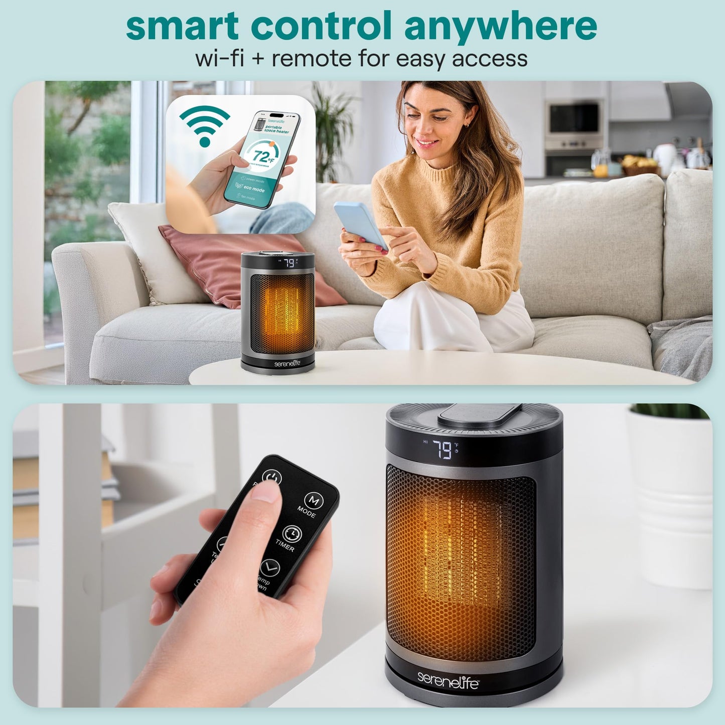 SereneLife Portable Space Heater – 1500W Indoor Electric Heater with Thermostat, Remote Control, 12-Hour Timer, Wi-Fi Enabled PTC Ceramic Heating for Home and Office, Gray (5.9" x 5.9" x 9.5")