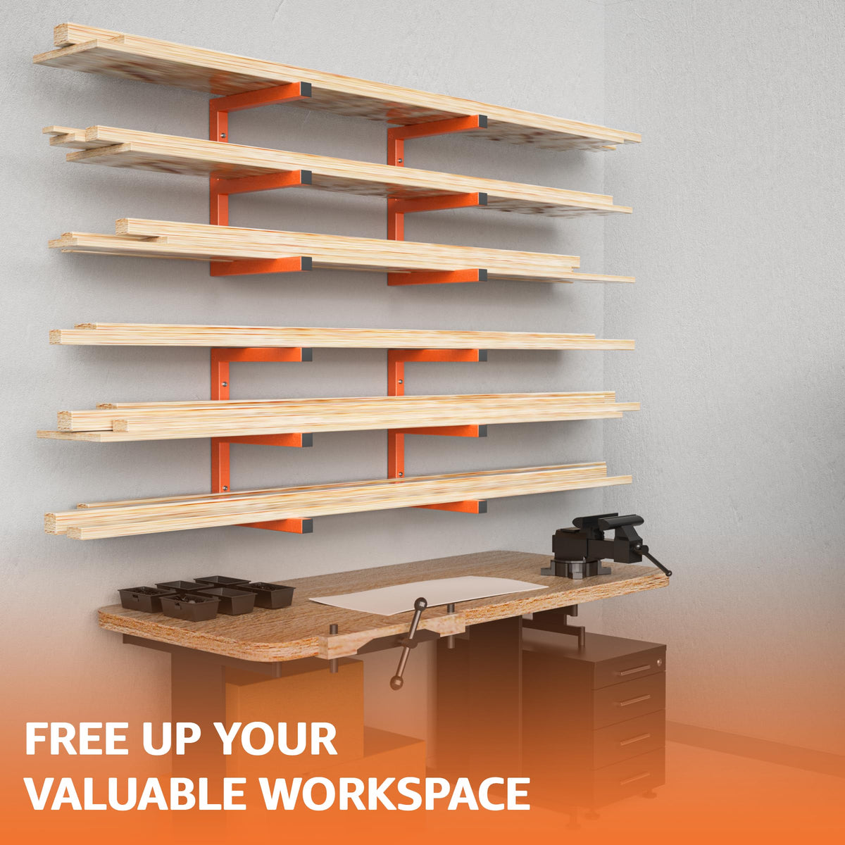YYR Wood Organizer and Lumber Storage Rack Wall Mount, Heavy Duty Metal Shelf with 6-Level Max 1200 lbs, Indoor & Outdoor Use - Orange