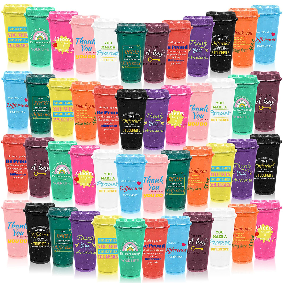 48 Pcs Thank You Gifts Coffee Cups 16 oz Employee Appreciation Gift Glitter Tumbler with Lid Reusable Plastic Coffee Mug Bulk for Coworker Staff Teacher Team Christmas Gift,12 Colors