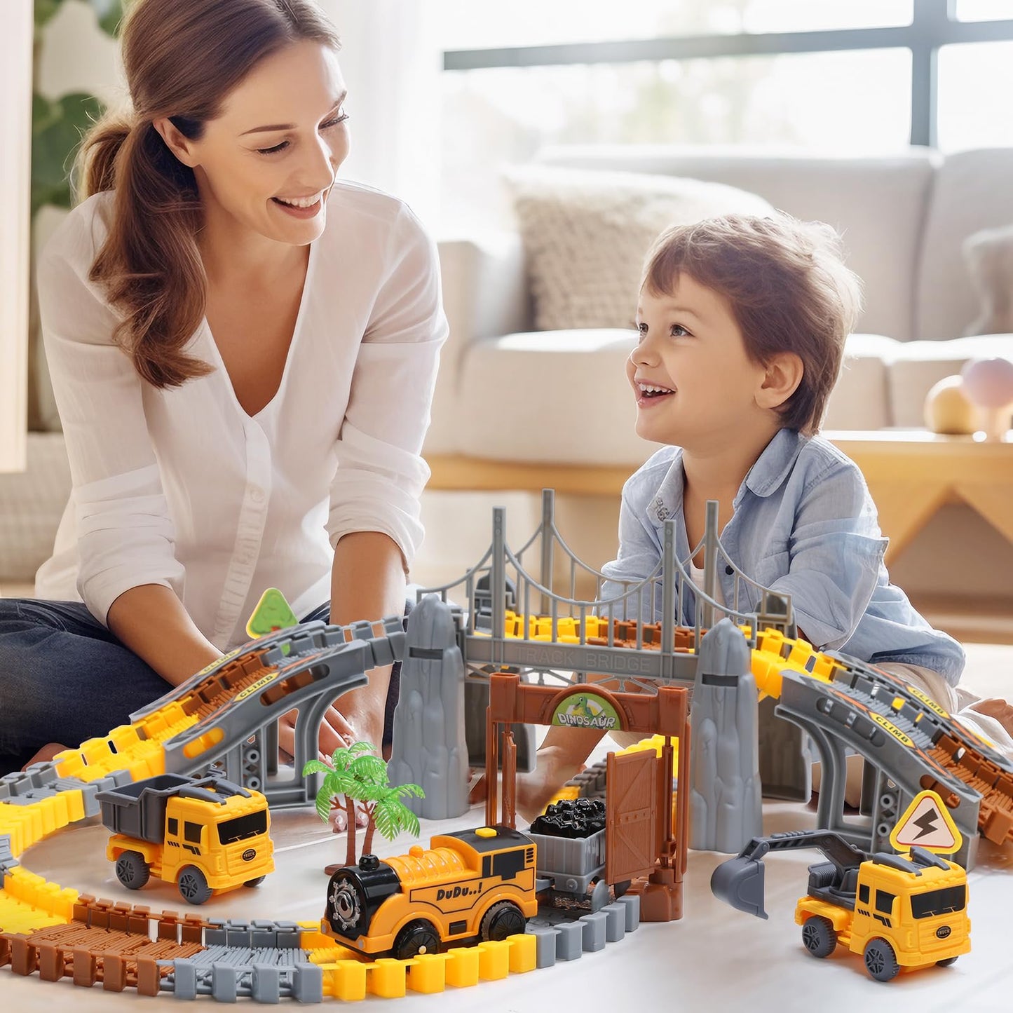Construction Toys Race Track Set 178 PCS for Kids, Flexible Train Tracks with 1 Electric Train, Excavator,Cement Truck,Loading Truck Engineering Vehicle Playset,Gifts for 3 4 5 6 Year Old Boys Girls