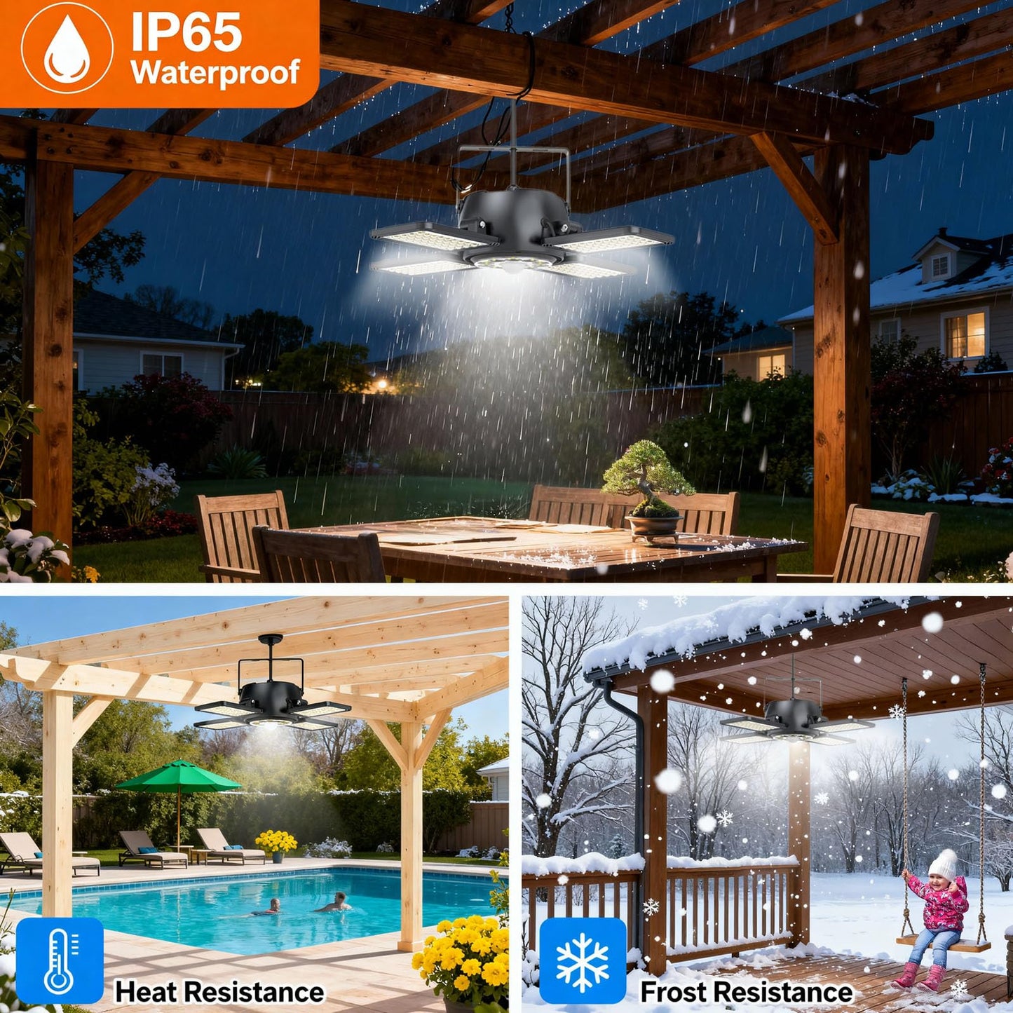 Solar Shed Light Outdoor Indoor Upgrade 1200LM 174LED 4 and 1 Heads Motion Sensor Pendant Light, Solar Lights with 5 Lighting Modes Remote Control IP65 Waterproof for Barn Patio Gazebo Shop
