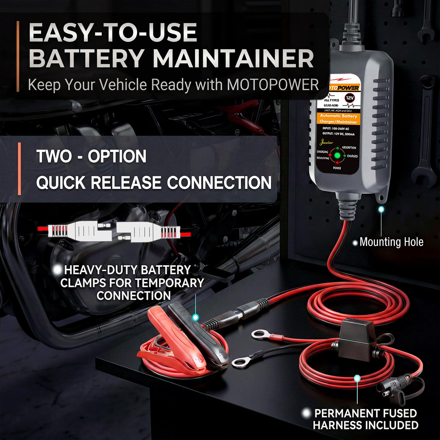 MOTOPOWER MP00205A 12V 800mA Fully Automatic Battery Charger/Maintainer for Cars, Motorcycles, ATVs, RVs, Powersports, Boat and More. 2-Pack