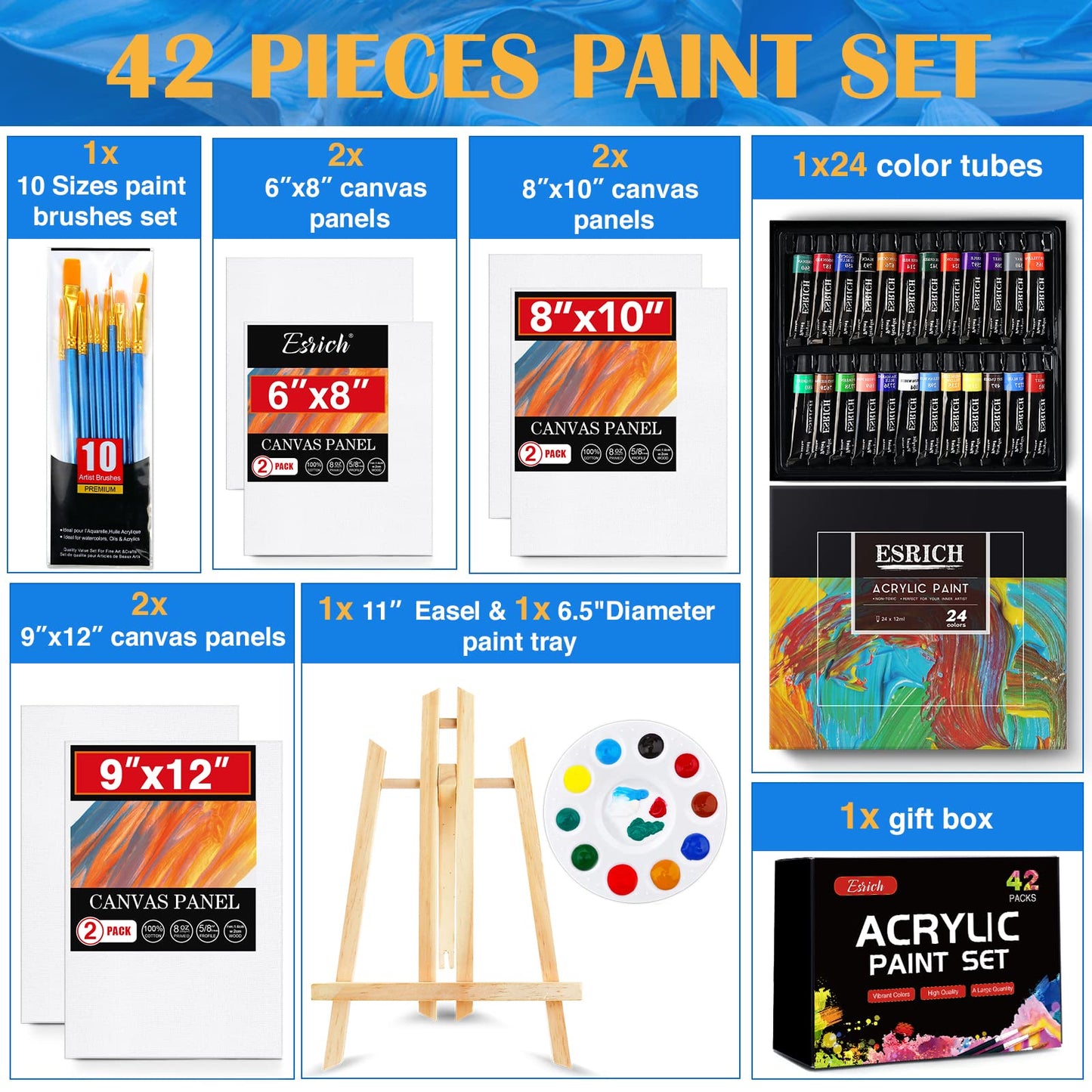 ESRICH Acrylic Paint Canvas Set,42 Piece Professional Premium Paint Kit with 1 Wood Easel,24Colors,10 Brushes,6 Canvases, Painting Supplies Kit for Artists and Beginner