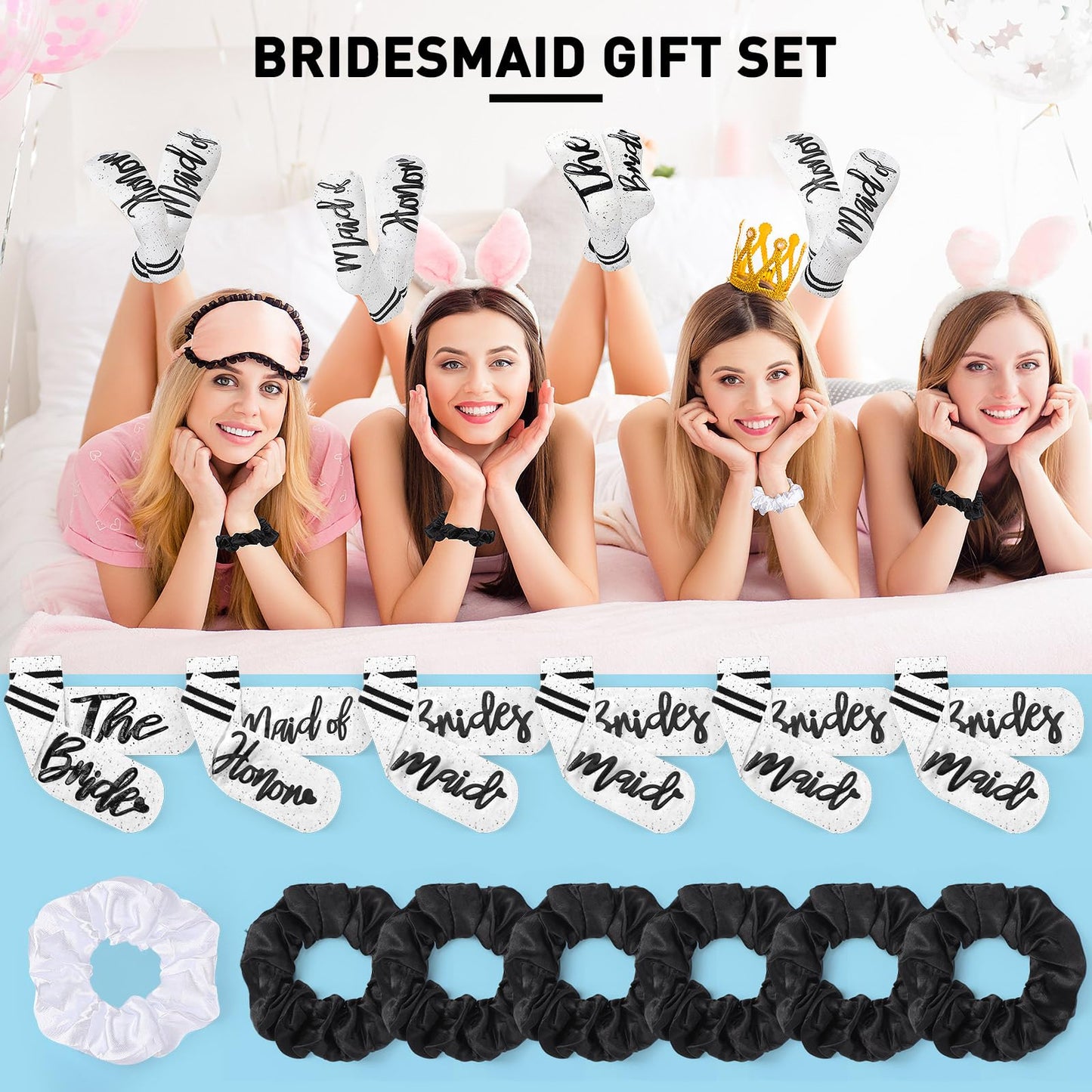 Toulite 7 Pairs Bride Bridesmaid Socks 7 Satin Bridesmaid Scrunchies Women Wedding Gifts Set Bachelorette Party Favors (Novel)