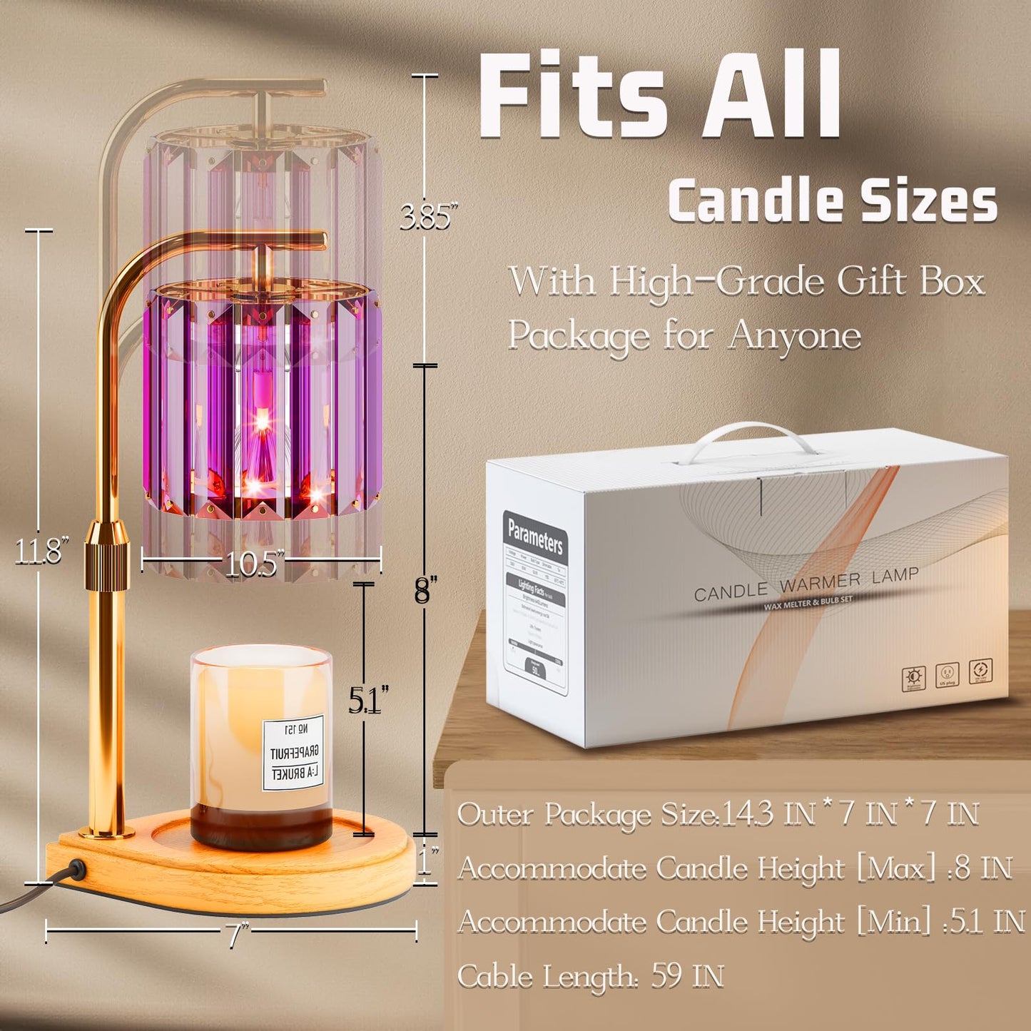 Candle Warmer Lamp with Timer and Dimmer Purple, Adjustable Height Glass Candle Lamp, Electric Candle Lamp Warmer for Home Decor,Gift for Women,2-Bulb Candle Warming Lamp for Jar Candles (Purple)