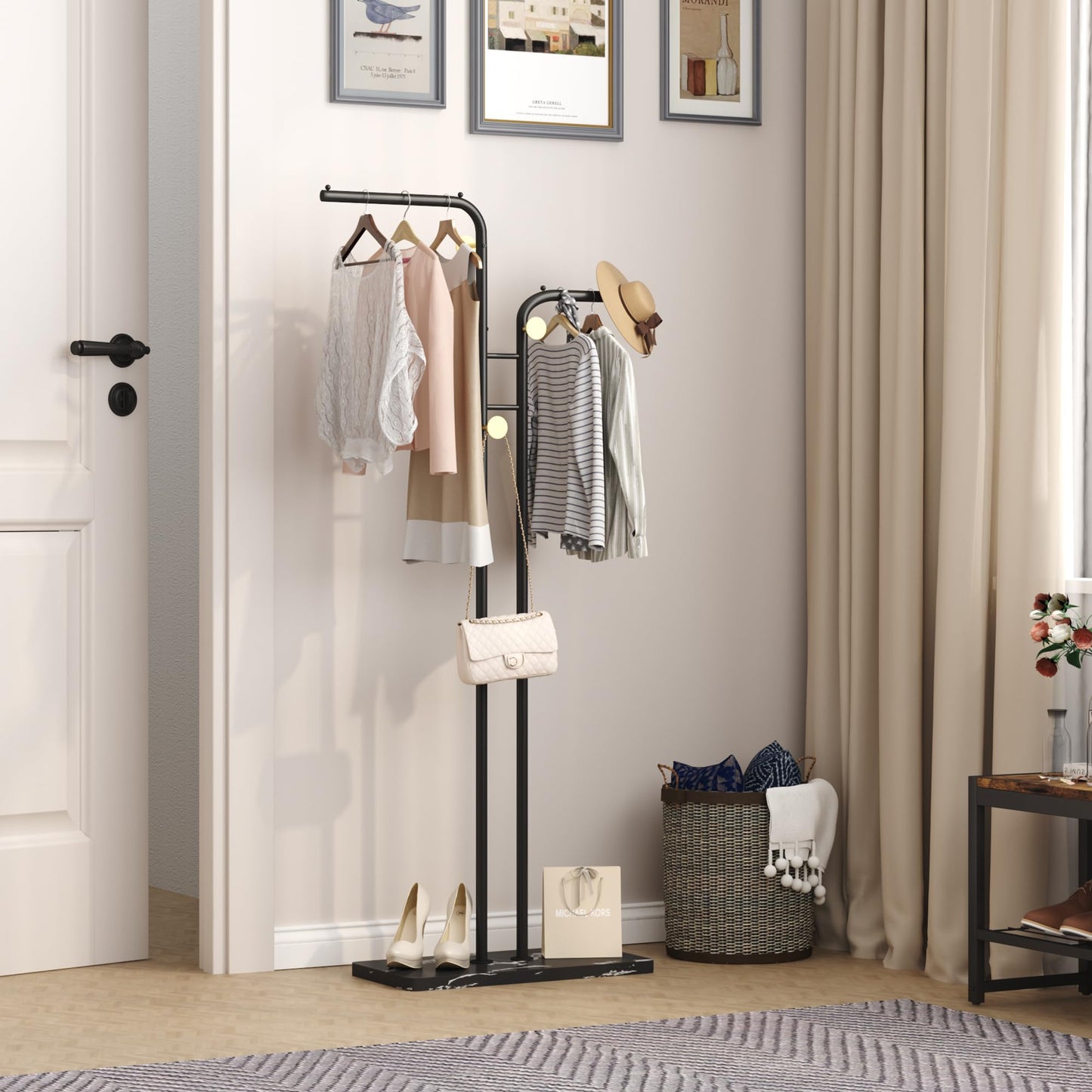HOMEFORT Double-pole Coat Rack, Freestanding Metal Coat Racks, Clothes Hat Stand with 5 Hooks for Closet, Bedroom, Entryway, Living Room, Black