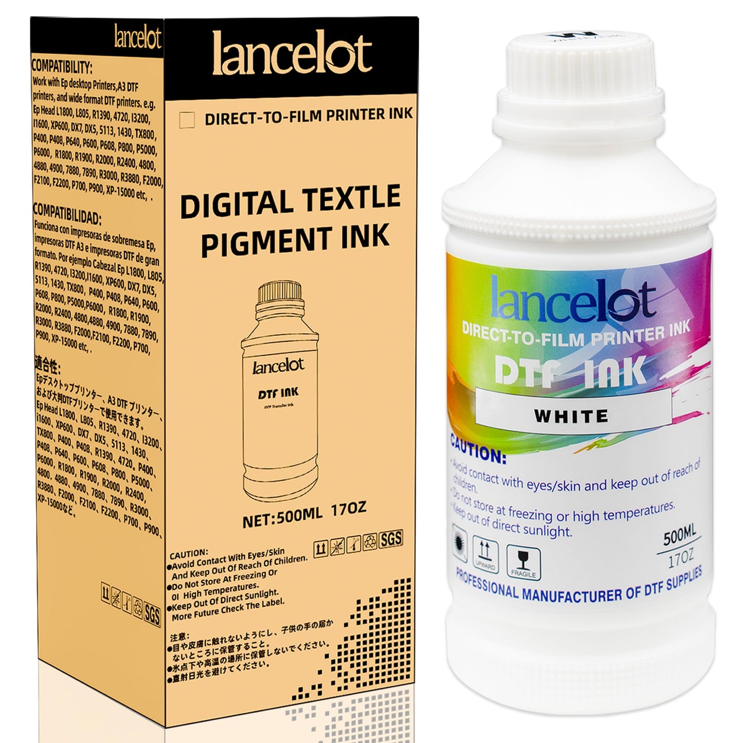 Lancelot Premium DTF Ink 500ML-Vibrant & Durable PET Film Transfer Ink for DTF Printer, Ep Printers Ep ET-8550, XP-15000, L1800, L805, R1390, R2400 for Heat Transfer Printing 500ml(500ml*1,1WH)