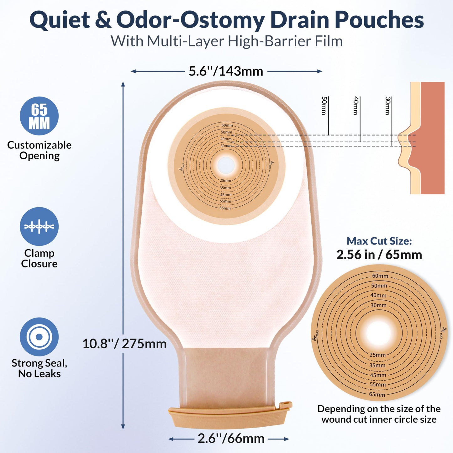 100 Pack Colostomy Bags, 15mm-65mm Ostomy Supplies,One-Piece Ostomy Bag for Lleostomy Stoma Care， Cut-to-Fit Drainable Pouches with Closure.