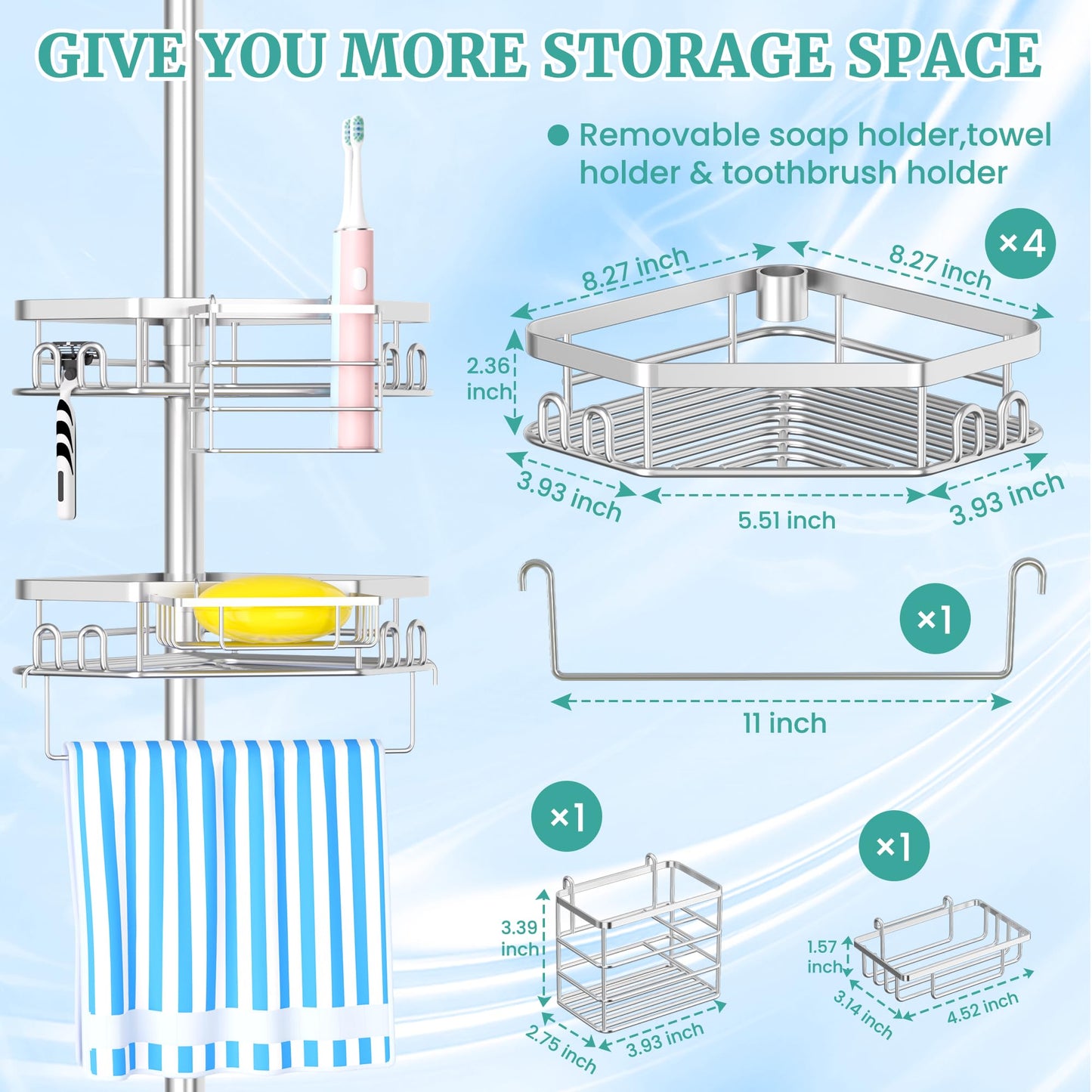 Shower Caddy Corner Tension Pole Stainless Organizer for Bathroom, Rustproof 4 Large Shelves and 2 Small Basket for Bathtub Shampoo Accessories Storage, 23.6 to 114.5 Inch Height Adjustable (Silver)
