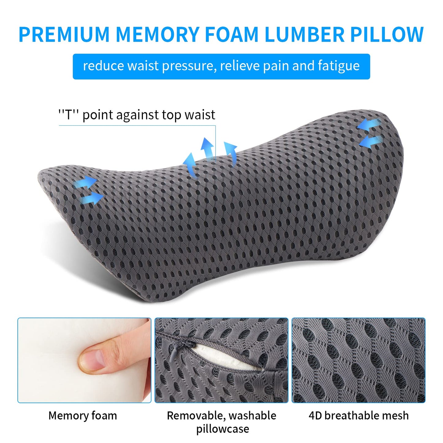 Lumbar Pillow, FOUSUPDT Memory Foam Lumbar Support Pillow for Office Chair and Car Seat, Back Support Pillow for Lower Back Pain Relief, Support Cushion Back Pillow for Sleeping, Driving(Grey)