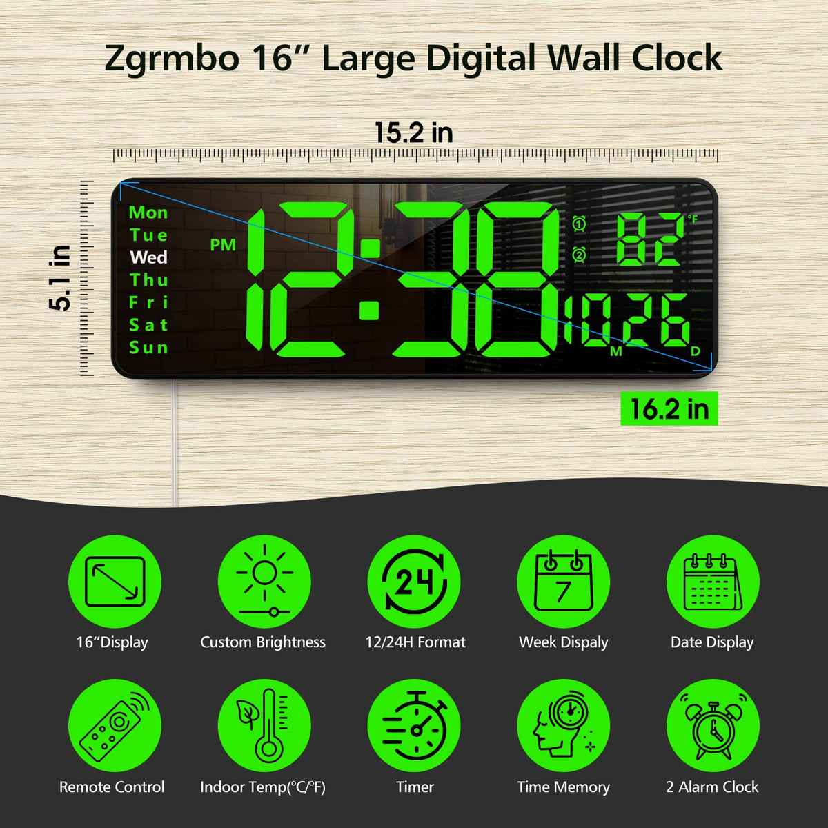 Zgrmbo 16" Large Digital Wall Clock with Remote, Large Display LED Wall Clock for Living Room/Gym/Shop/Warehouse/Office Decor, 12/24H, Auto Dimming, Timer(Not Included USB Adapter)