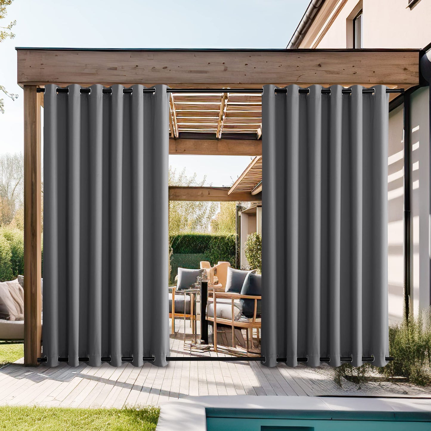 NICETOWN Outdoor Curtains Waterproof for Gazebo, Thermal Insulated Top and Bottom Rustproof Grommet Windproof Sunlight Block Patio Drapes, 2 Panels, 84 x 84 inches, Grey