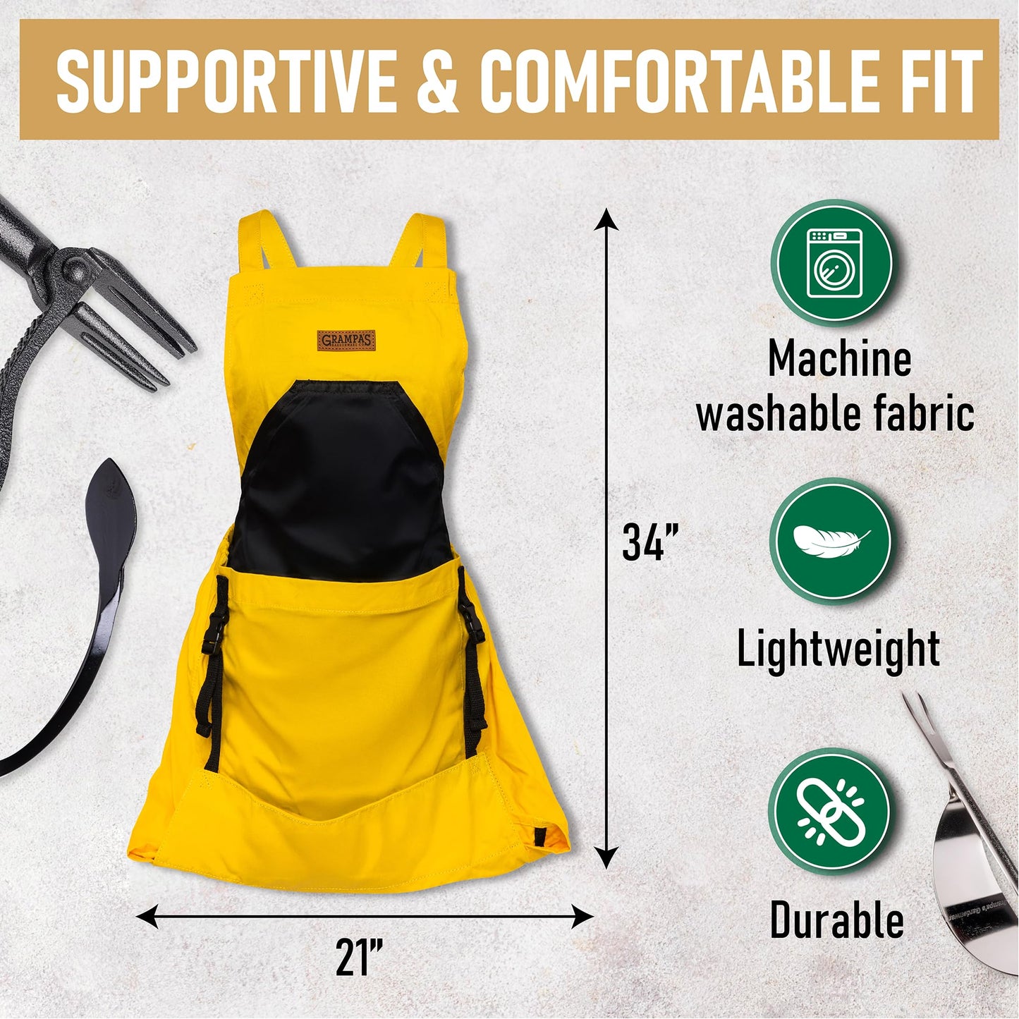 Grampa's Garden Apron - Cross Back Gardening Apron With Pockets For Women & Men | Harvest Apron with Large Kangaroo Pouch (Yellow)