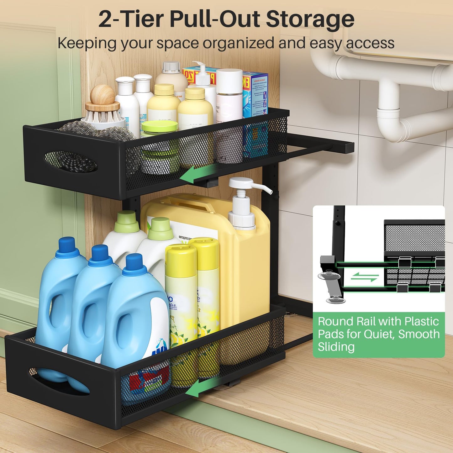 Under Sink Organizer, 2 Tier Pull out Cabinet Organizer Baskets with Mesh Sliding Drawers, Slide out Storage Shelf for Home, Kitchen, Bathroom, Pantry, Office Cabinet(2 Pack)