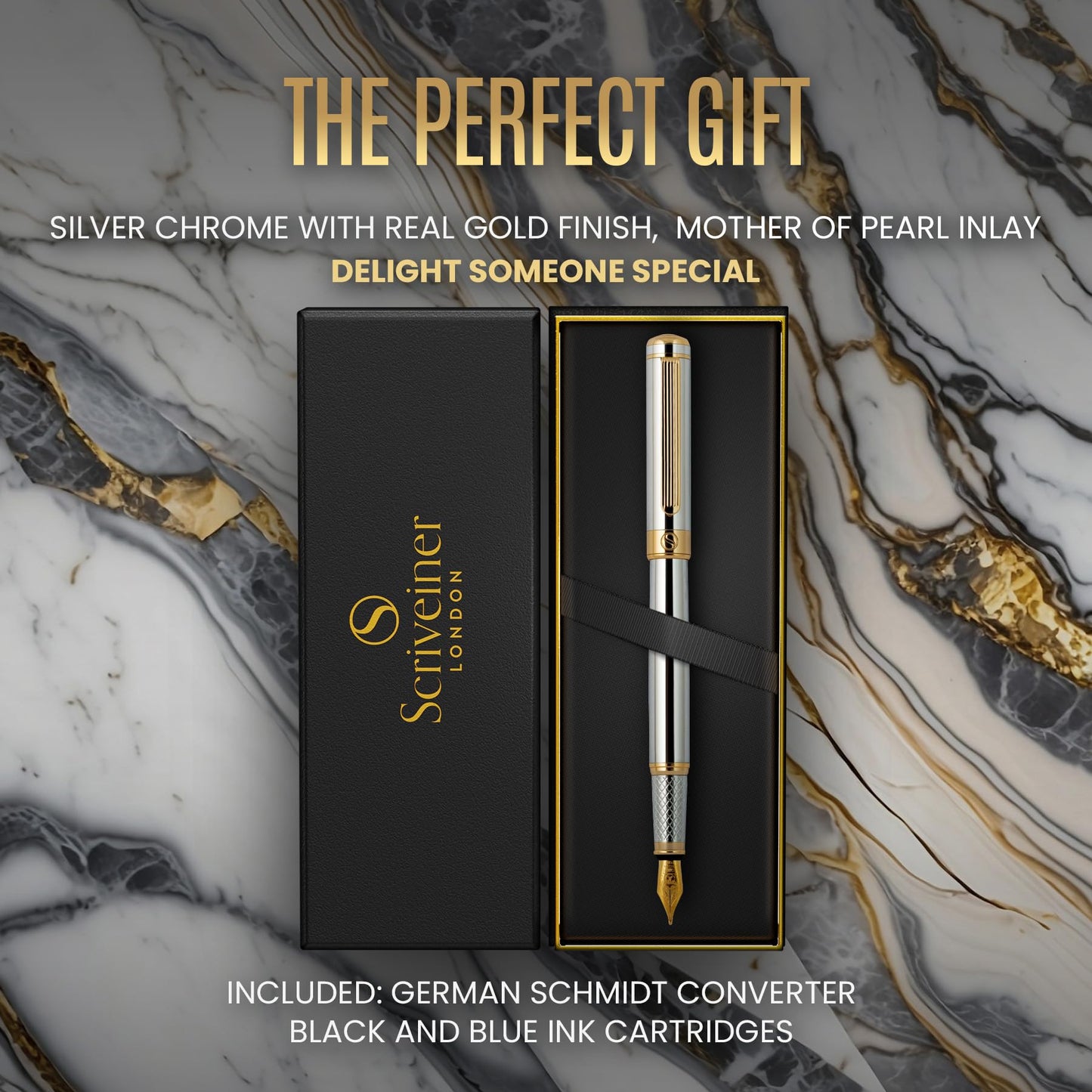 Scriveiner Silver Chrome Fountain Pen – Luxury Pen with Precision German Schmidt Medium Nib, Gold Plated Detailing, Balanced Construction, Effortlessly Smooth Executive Writing Gift Set