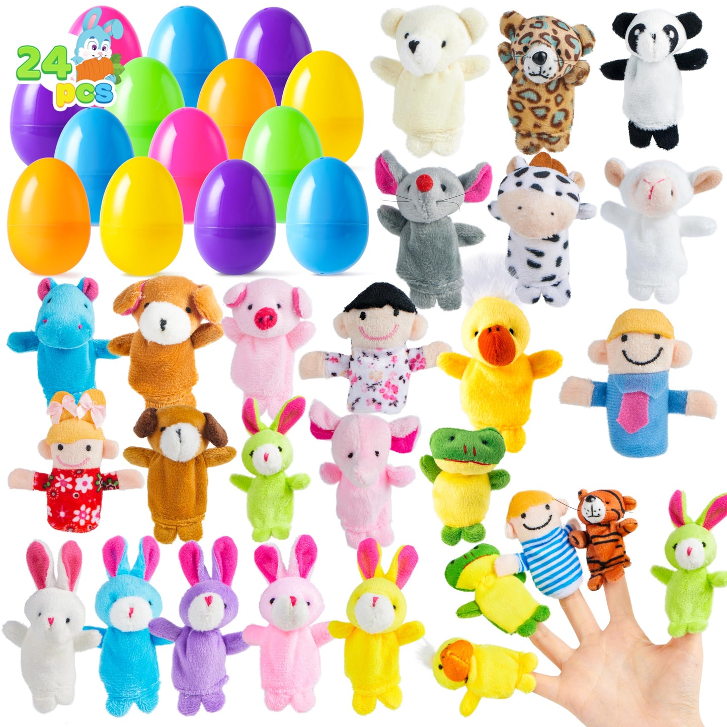JOYIN 24 Pcs Easter Eggs Filled with Finger Puppets, Prefilled Easter Egg with Cartoon Animal Puppets for Kids Easter Eggs Hunt, Basket Stuffers Fillers, Party Favors and Classroom Prize Supplies