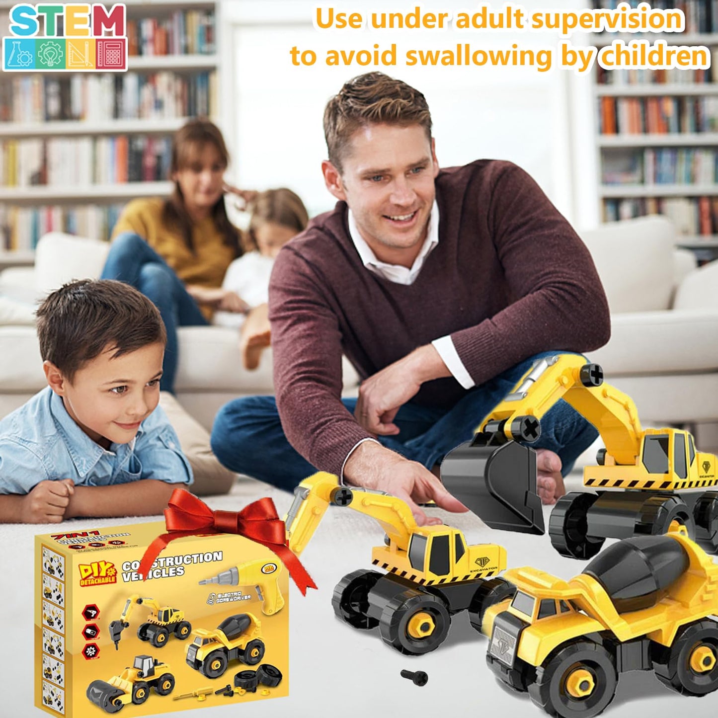 TEUVO Take Apart Truck Car Toys with Electric Drill, Construction Vehicles Building Excavator Toy STEM Trucks Vehicle Set for Kids, DIY Educational Gifts for Kids Ages 3 4 5 Boys Girls