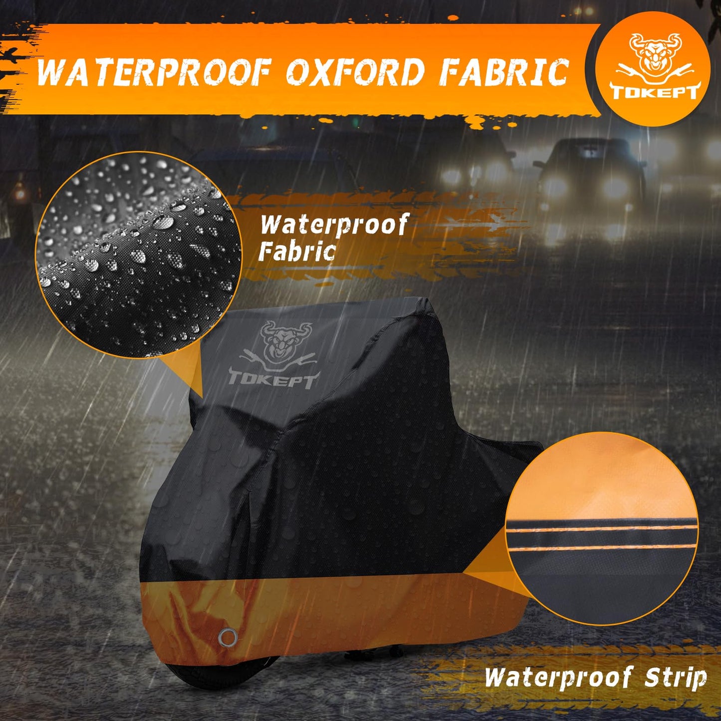 Tokept Motorcycle Cover, All-Season Waterproof Outdoor Sun Protection Fit up to 116 Inch Harley-Davidson Honda Suzuki Kawasaki Yamaha (XXXL Black&Orange)