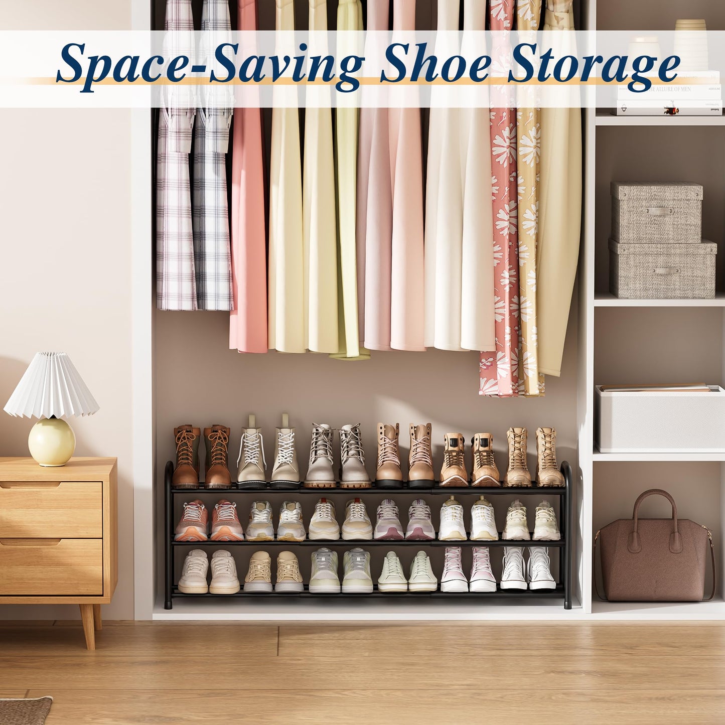 ENJOYBASICS Metal Shoe Racks for Closet, 3-Tier Adjustable Expandable Long Shoe Organizer Shelf, 45 to 118 cm，for 6-18 Pairs, Free Standing Rack Storage for Entryway