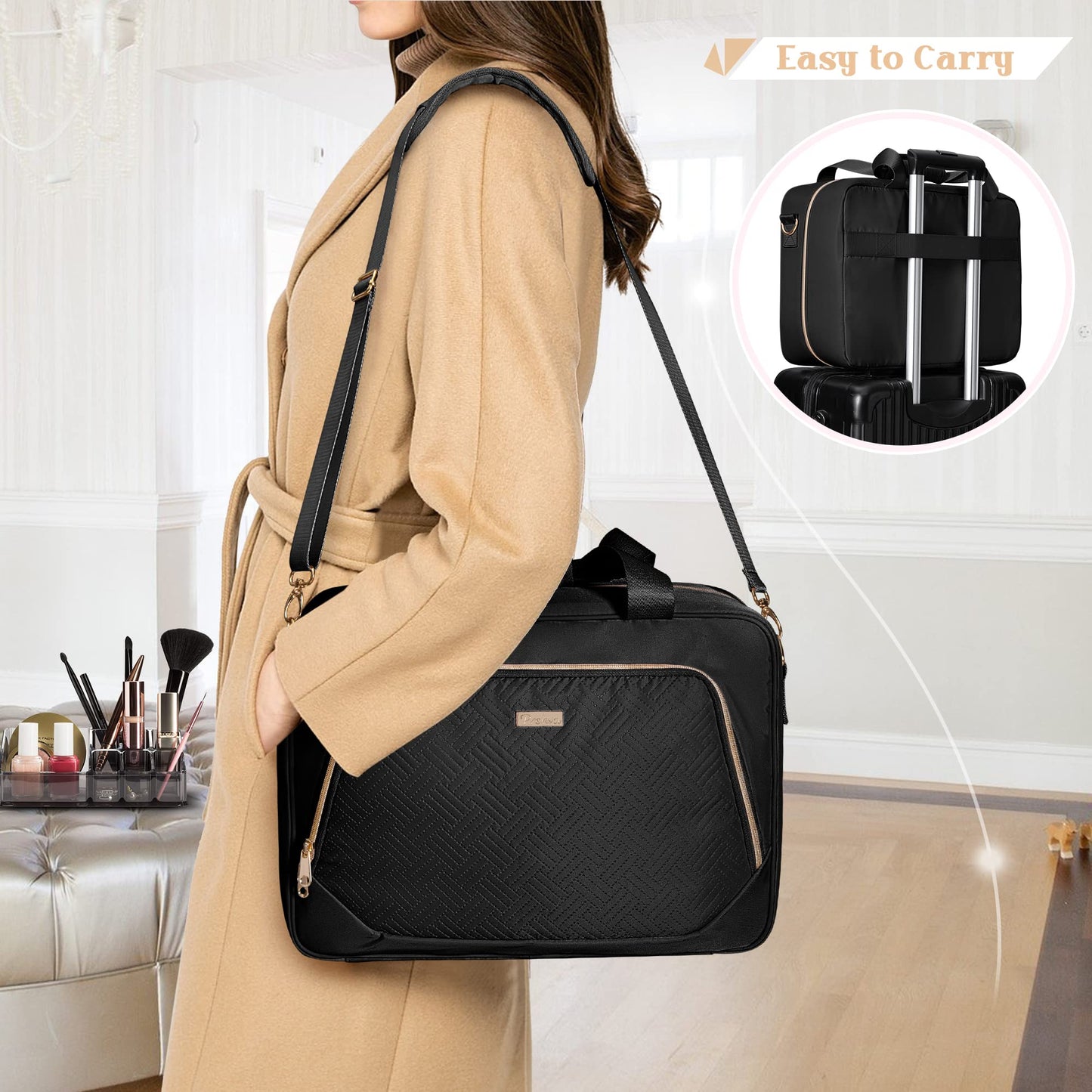 Prokva Large Makeup Bag with 4 Detachable Cosmetic Cases, Professional Make up Organizer Bag with Makeup Brushes Storage Section and Hair Tools Pocket, Black (Empty Bag Only)