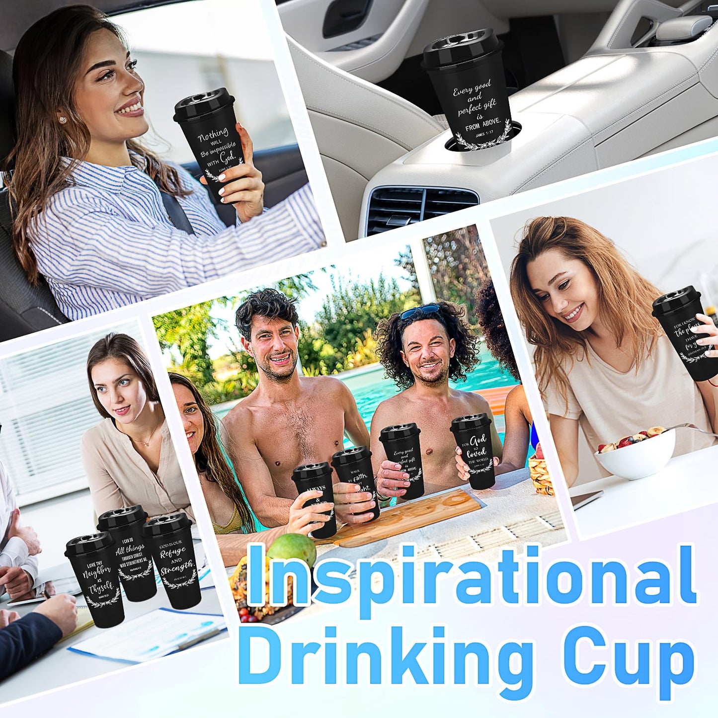 20 Pcs Reusable Christian Coffee Cups, 16 oz Bible Verse Plastic Tumblers with Lids, Religious Plastic Cups Bulk, Travel Coffee Mug Inspirational Christian Gifts for Men Women (Black)