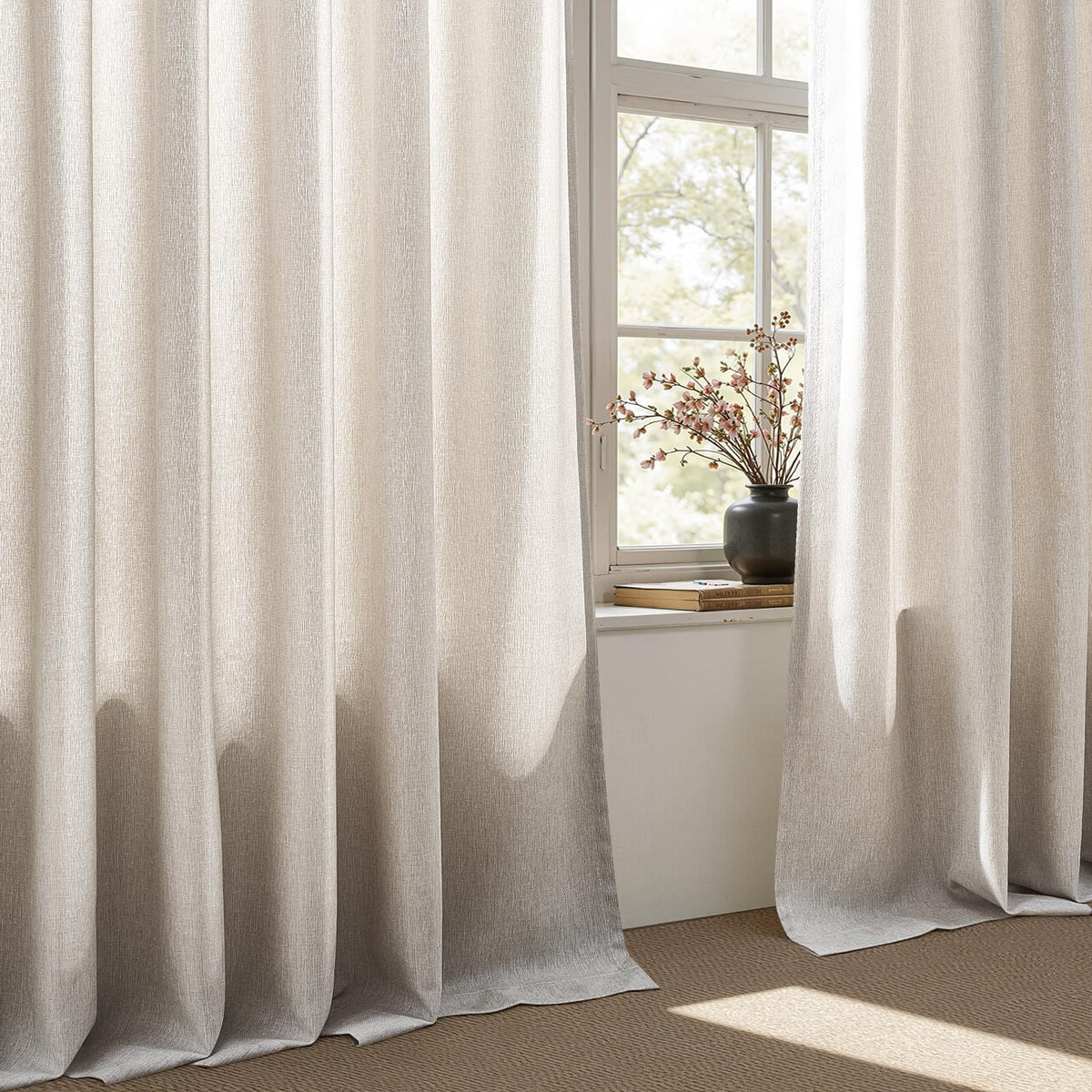 Back Tab Sheer Linen Curtains 90 Inches Long Linen Textured Curtain Oatmeal Semi Sheer Blend Light Filtering Linen Drapes for Rod Pocket 52x84 2 Panels Set Farmhouse Boho Light Oatmeal