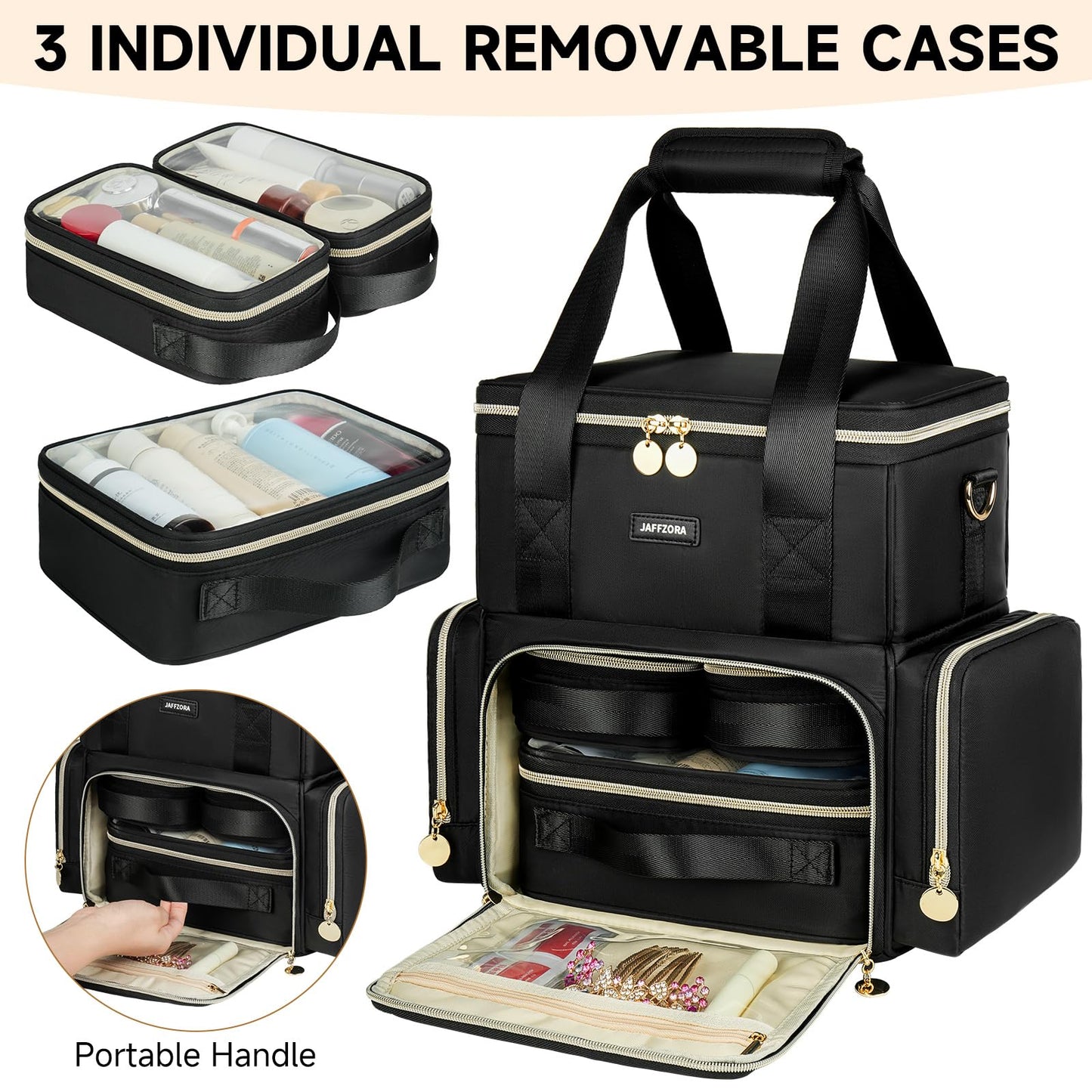 Extra Large Makeup Bag with 3 Removable Cases, Double Layers Travel Cosmetic Storage Organizer Bag with Detachable Dividers, Black