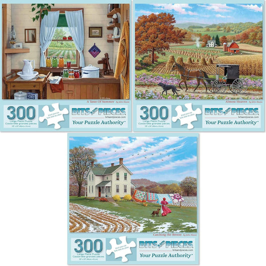 Bits and Pieces - Value Set of Three (3) - 300 Piece Jigsaw Puzzles for Adults - Large Piece 300 pc Classic Country Farm Jigsaws Bundle by Artist John Sloane - 18" x 24" (46cm x 61cm)