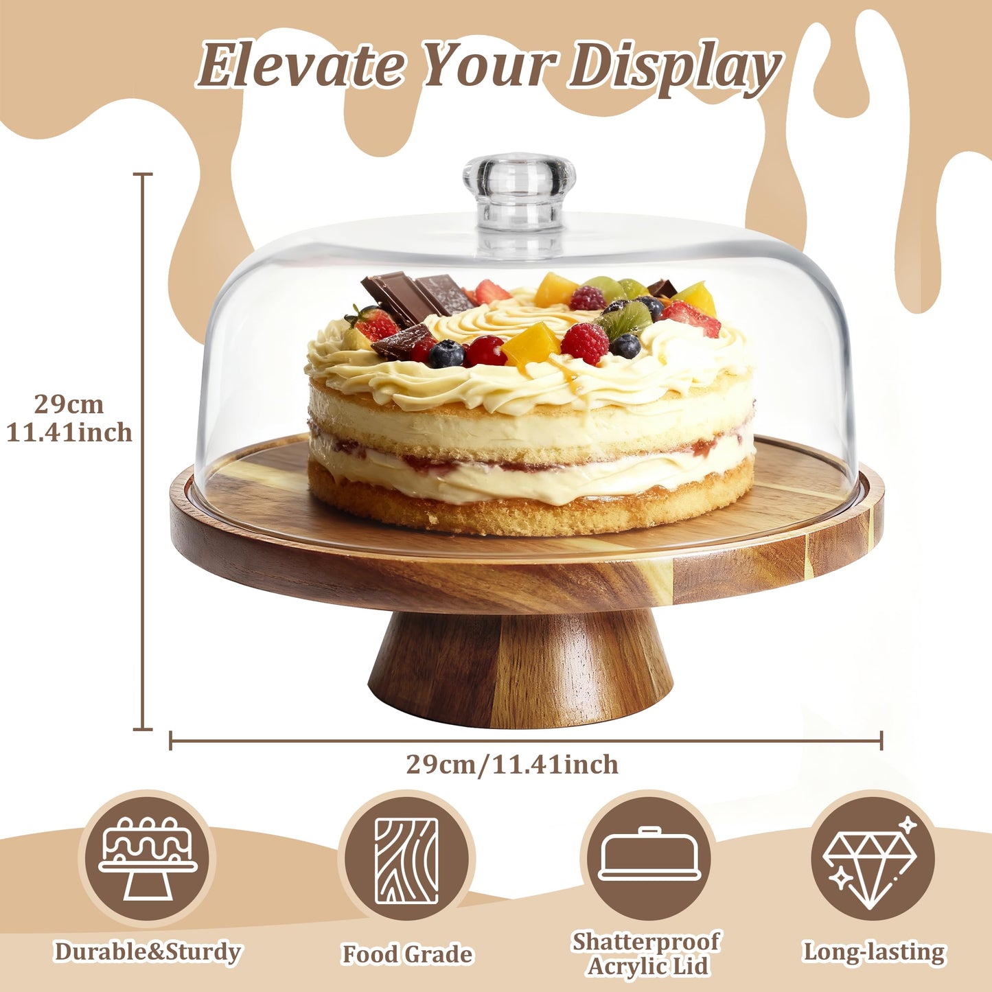VALESKA Acacia Wood Cake Stand with Dome Lid, 2-in-1 Dessert Table Display Set & Charcuterie Board with 12In Acrylic Lid, Serving Platter, Fruit Platter, Cake Plate