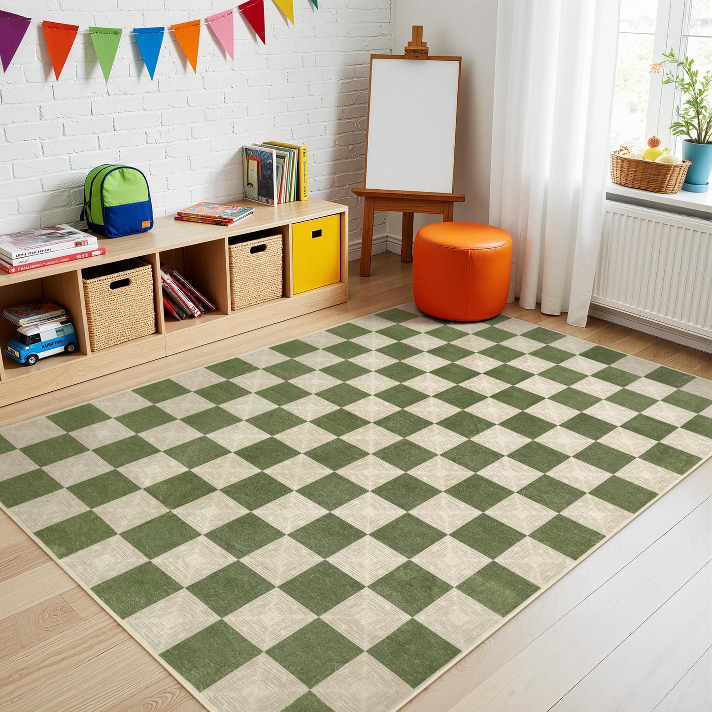 Kiginara Washable Green Checkered Rug 5x7, Non-Slip Low Pile Area Rug for Living Room, Bedroom, Nursery, Modern Neutral Farmhouse Checkerboard Carpet, Pet & Kid Friendly