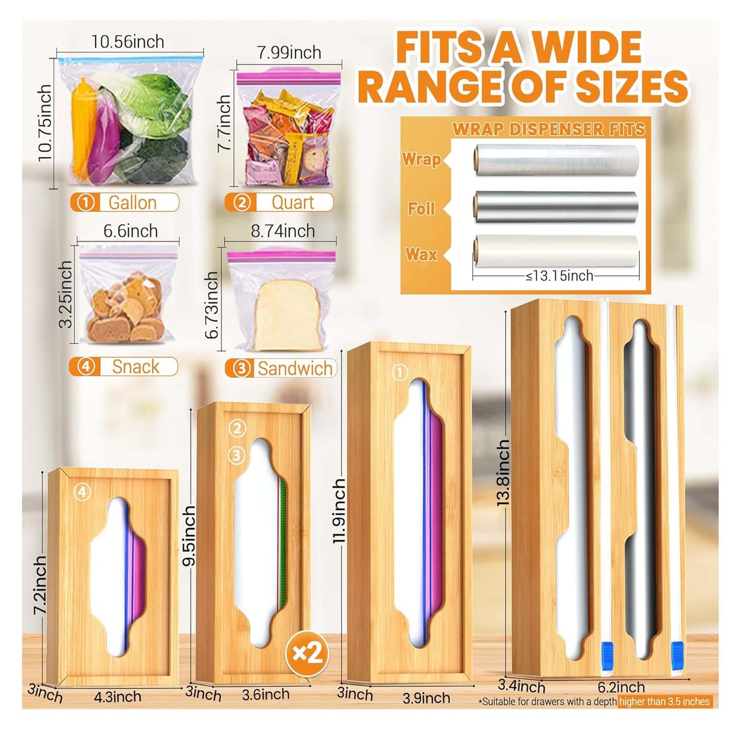 YITOBA 6 In 1 Bag Storage Organizer With Foil and Plastic Wrap Dispenser, Extended Aluminum Foil Holder, Bamboo Baggie Drawer for Gallon, Quart, Snack