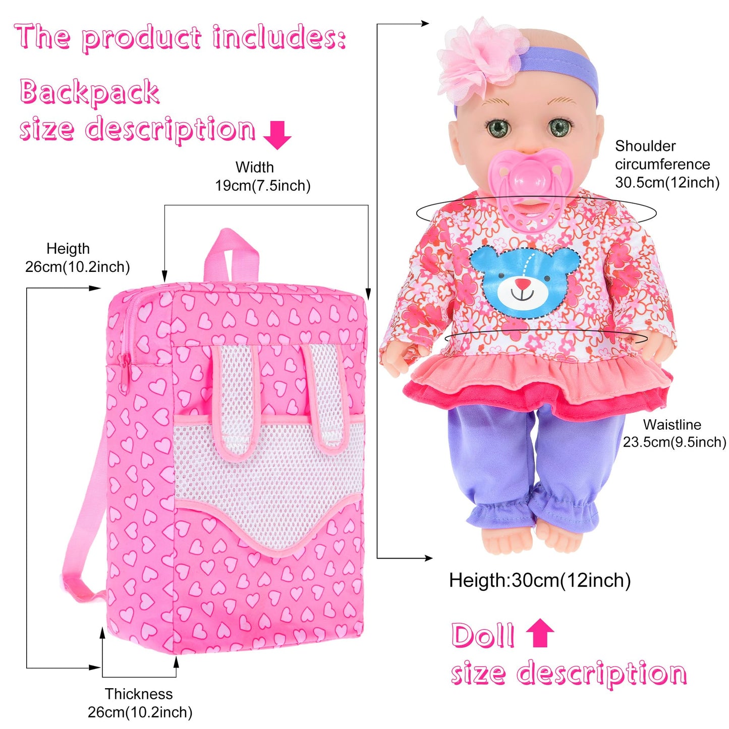 ebuddy 12 inch Baby Doll and Accessories-Reborn Baby Dolls Real Life Dolls with 3 Sets Clothes,Backpack,Pacifier, Bottle(One Doll)