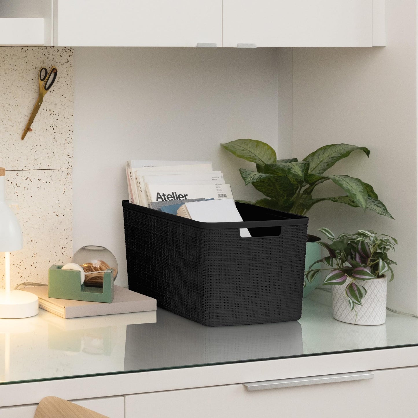Curver Set of 4 Jute Large Decorative Plastic Organization and Storage Baskets Perfect Bins for Home Office, Closet Shelves, Kitchen Pantry and All Bedroom Essentials, Black