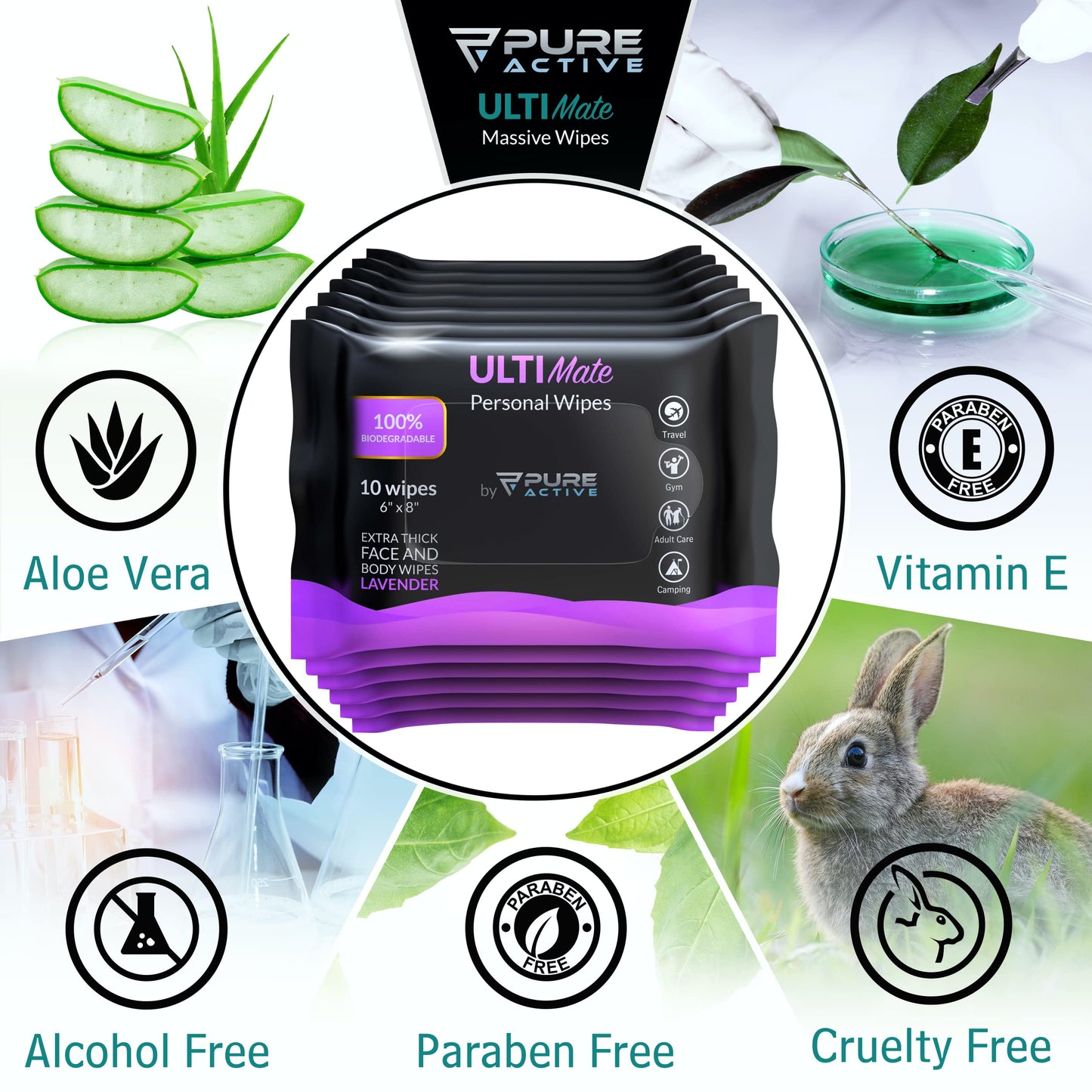 Body Shower Wipes - Hypoallergenic Alcohol-Free for Camping, Bathing, Workout - Rinse-Free for Adults, Men, Women - Large Bath Wipes (120 Count, 6''x8'', Lavender)