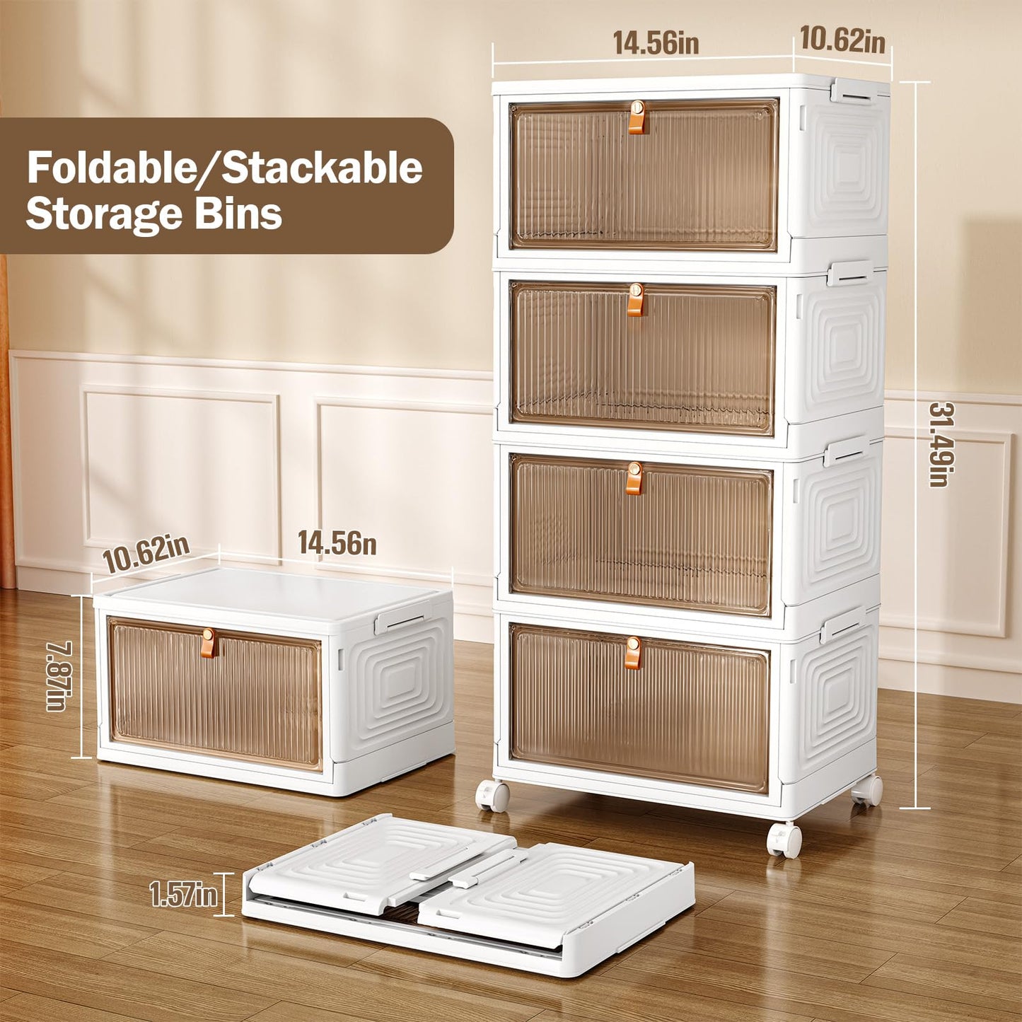 SNSLXH 4 Tier Plastic Storage Bins with Lid 23QT, Stackable Storage Containers with Wheels, Folding Storage Box, Stackable Storage Bins, Closet Organizers and Storage for Living Room,Office,Dorm