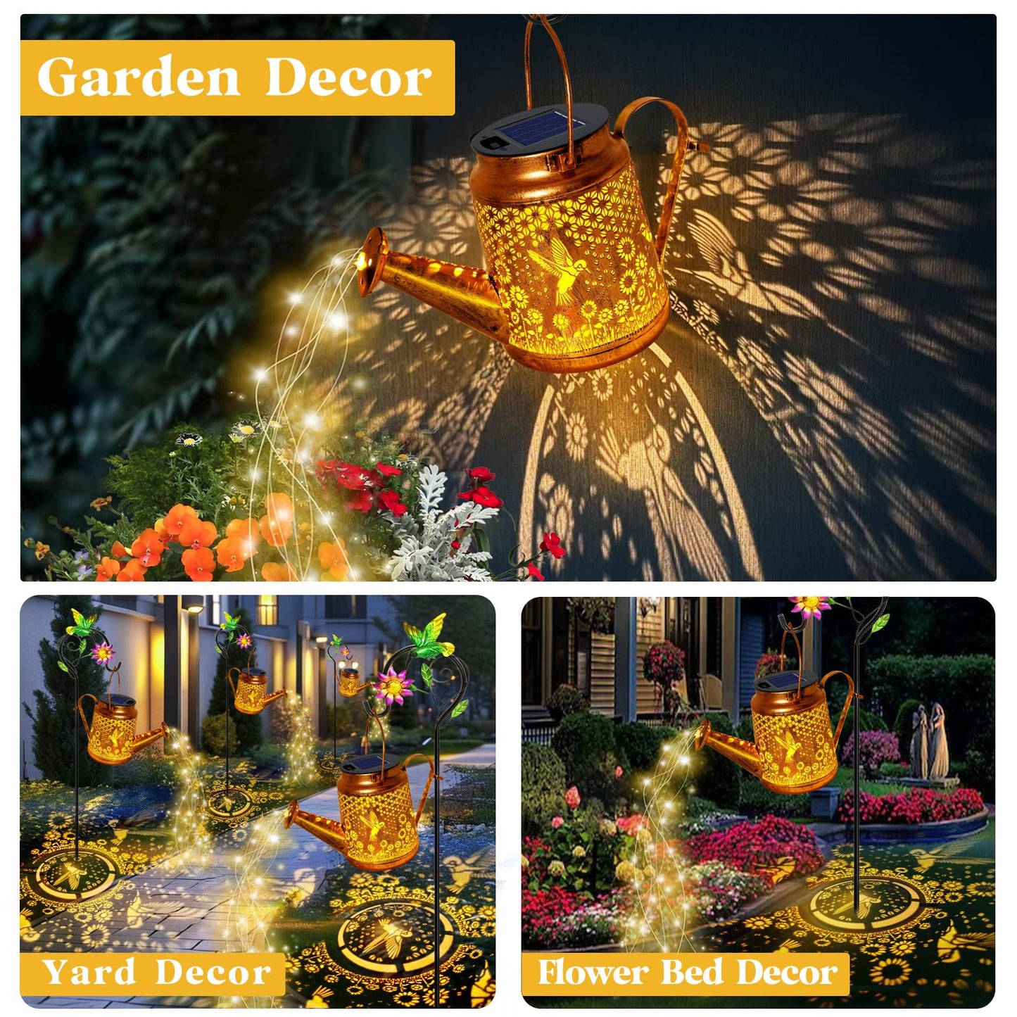 Solar Watering Can Lights, Hummingbird Hanging Lanterns Outdoor, Gardening Gifts for Mom Women Grandma Birthday, Waterproof Solar Lights Garden Decor for Outside Yard Art Patio Porch Lawn Backyard