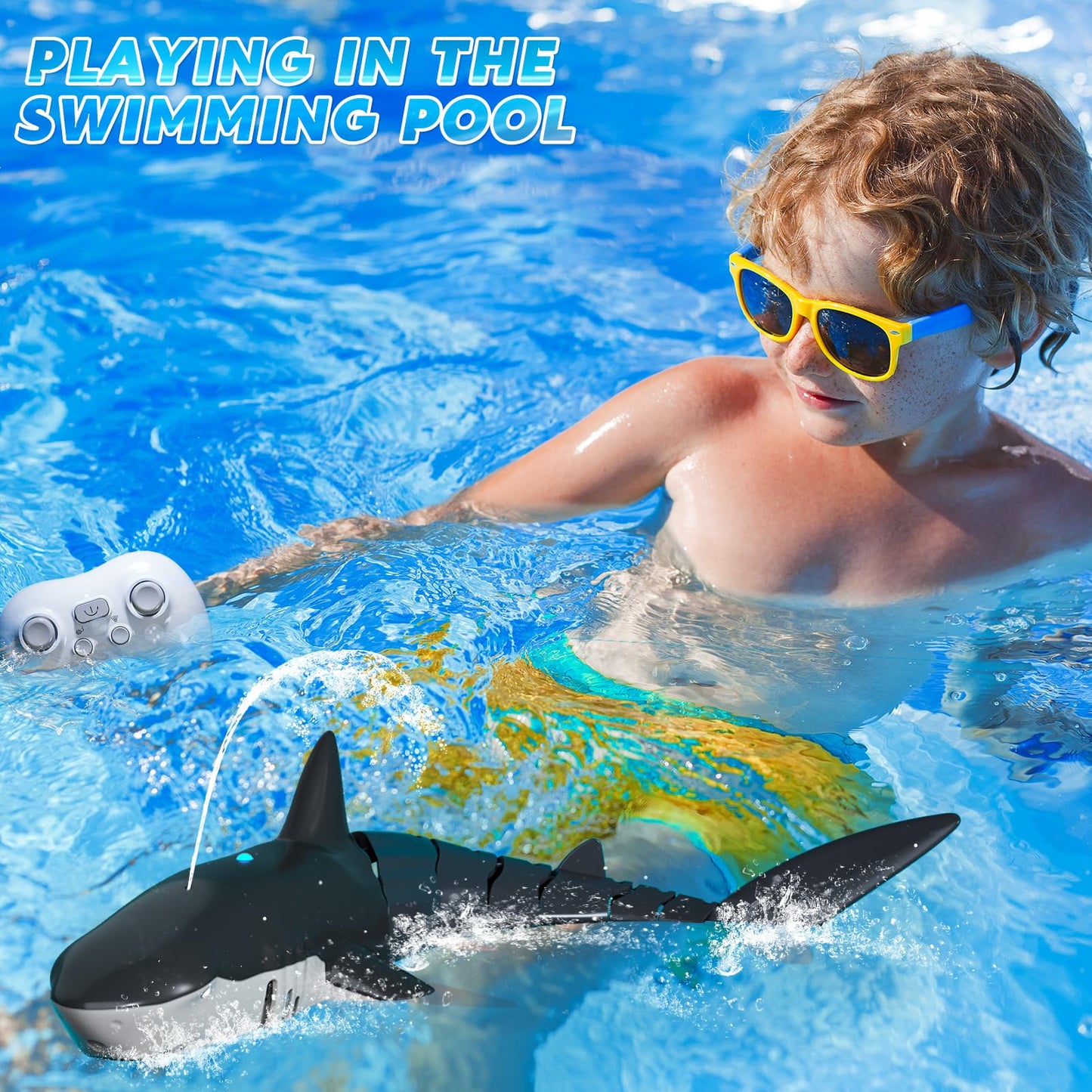 Remote Control Shark Toys for Boys Kids, 1:18 Scale High Simulation Shark for Pool, 2.4Ghz Electric RC Shark Boat Fish Toys with Light & Spray, Toy Shark Gifts for 5 6 7 8 9 Year olds Kid Boys Girls