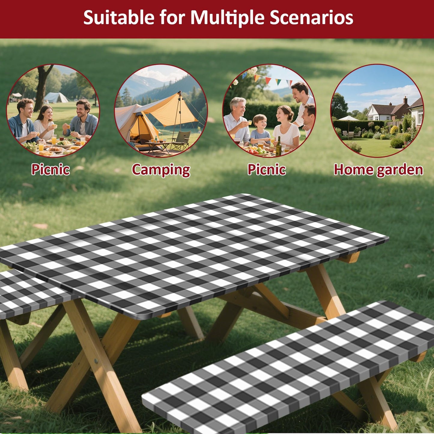 KENOBEE 8ft Picnic Table and Bench Cover, Camping Essentials RV Gear, 96 in Waterproof Windproof Outdoor Elastic All Around Tablecloth, Fitted Rectangle Tables and Seats, Black-White Checkered