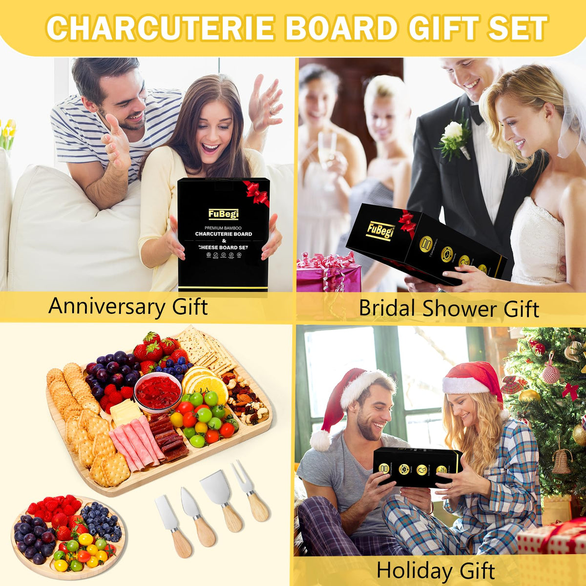 Portable Travel Charcuterie Board with Lid, 2 Sided Covered Cheese Serving Board to Go with 7 Compartments, Bamboo Charcuterie Box Gift Set with Round Fruit Tray for Picnic Travelling Gatherings