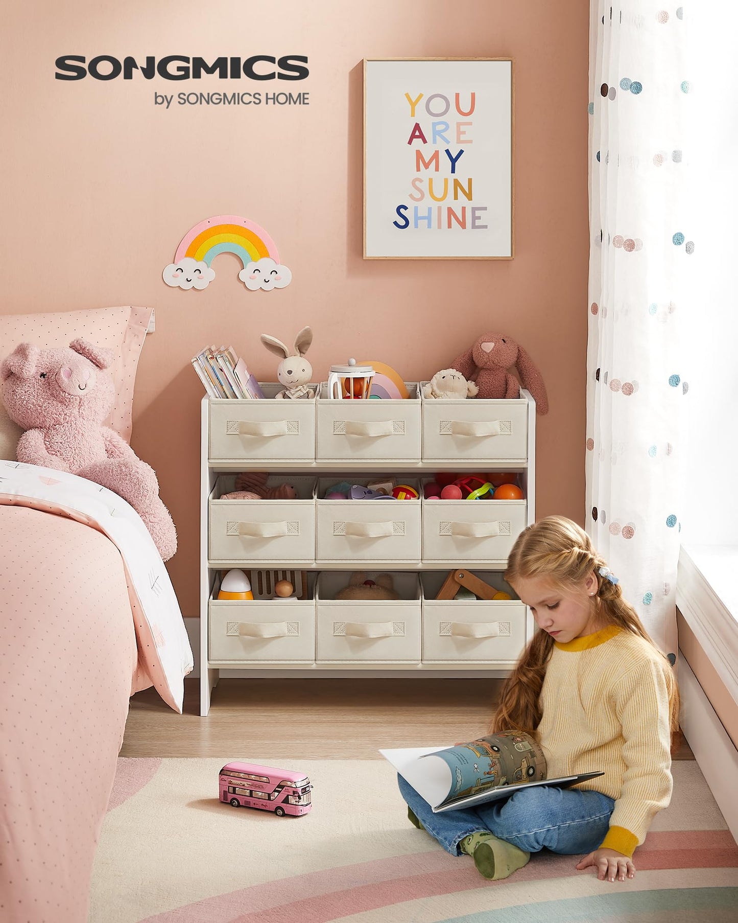 SONGMICS Toy Organizer, Kid Toy Shelf with 9 Non-Woven Fabric Boxes, for Children's Room and Playroom, Spacious, 11.6 x 24.6 x 23.6 Inches, Cloud White UGKR033W10