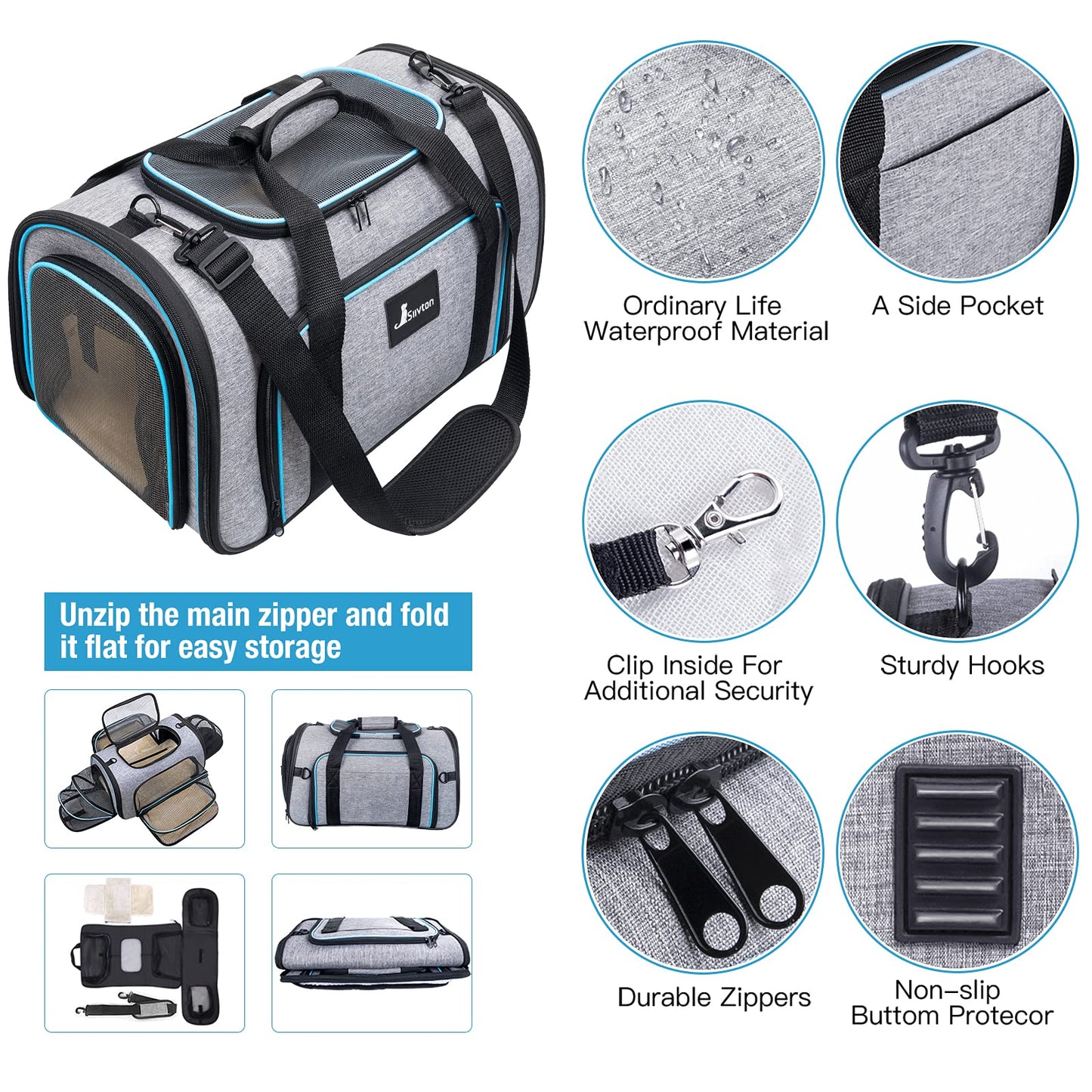 Siivton Pet Carrier Airline Approved, 4 Sides Expandable Cat Carrier Bag with Removable Fleece Pad, Large Soft Sided Pet Travel Carrier, Dog Carrier for Cats, Puppy and Small Dogs
