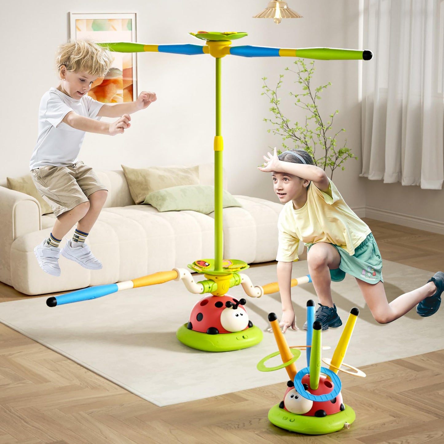 5 in 1 Multi-Functional Game Sports Machine, Kid Ladybug Fitness Machine Toy,Obstacle Course/Rocket Launch/Ring Toss/Musical Jump Toys with Remote Control, Outdoors Toys for 3-8 Years Boys Girls