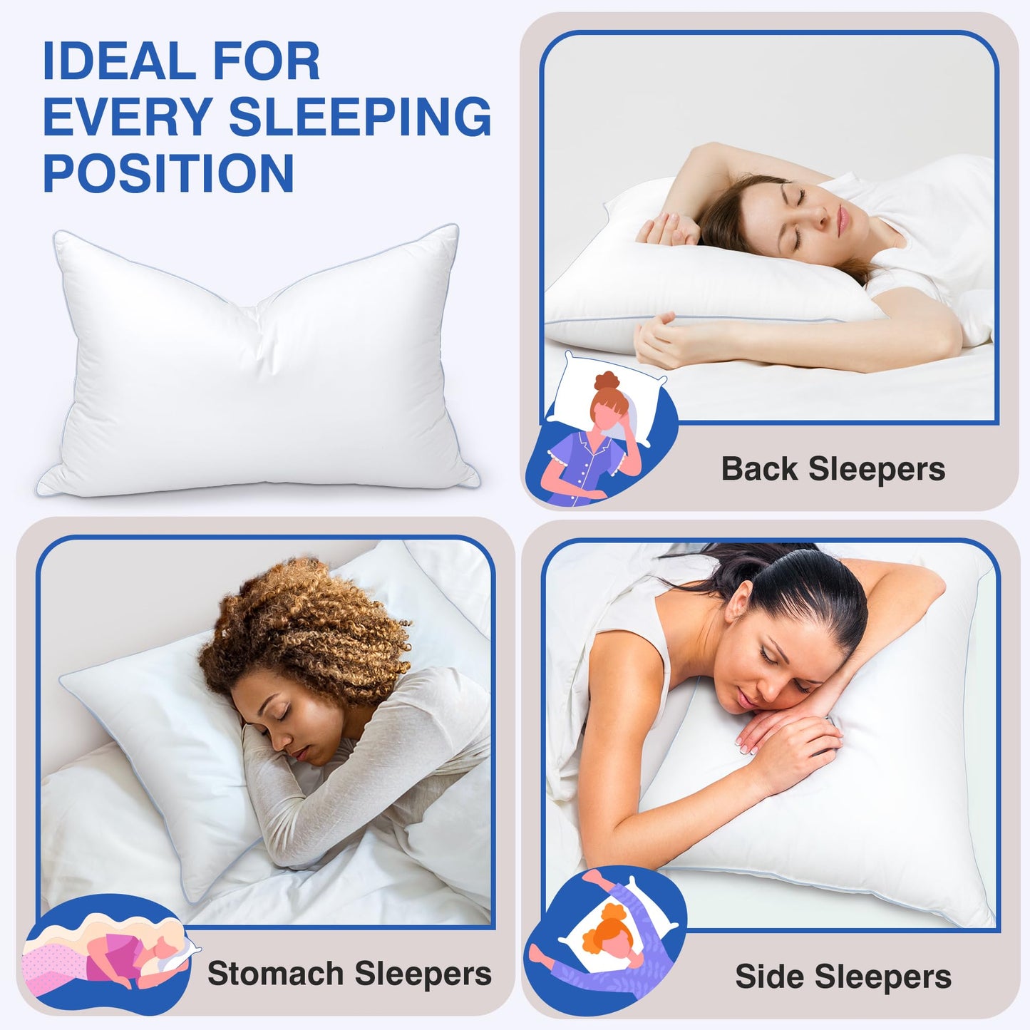 zibroges Goose Feather Bed Pillow King Size Set of 2- Hotel Pillows, Soft 600 Thread Count Cotton Cover, Fluffy Support Surround Fill Polyester for Back, Stomach, Side Sleepers
